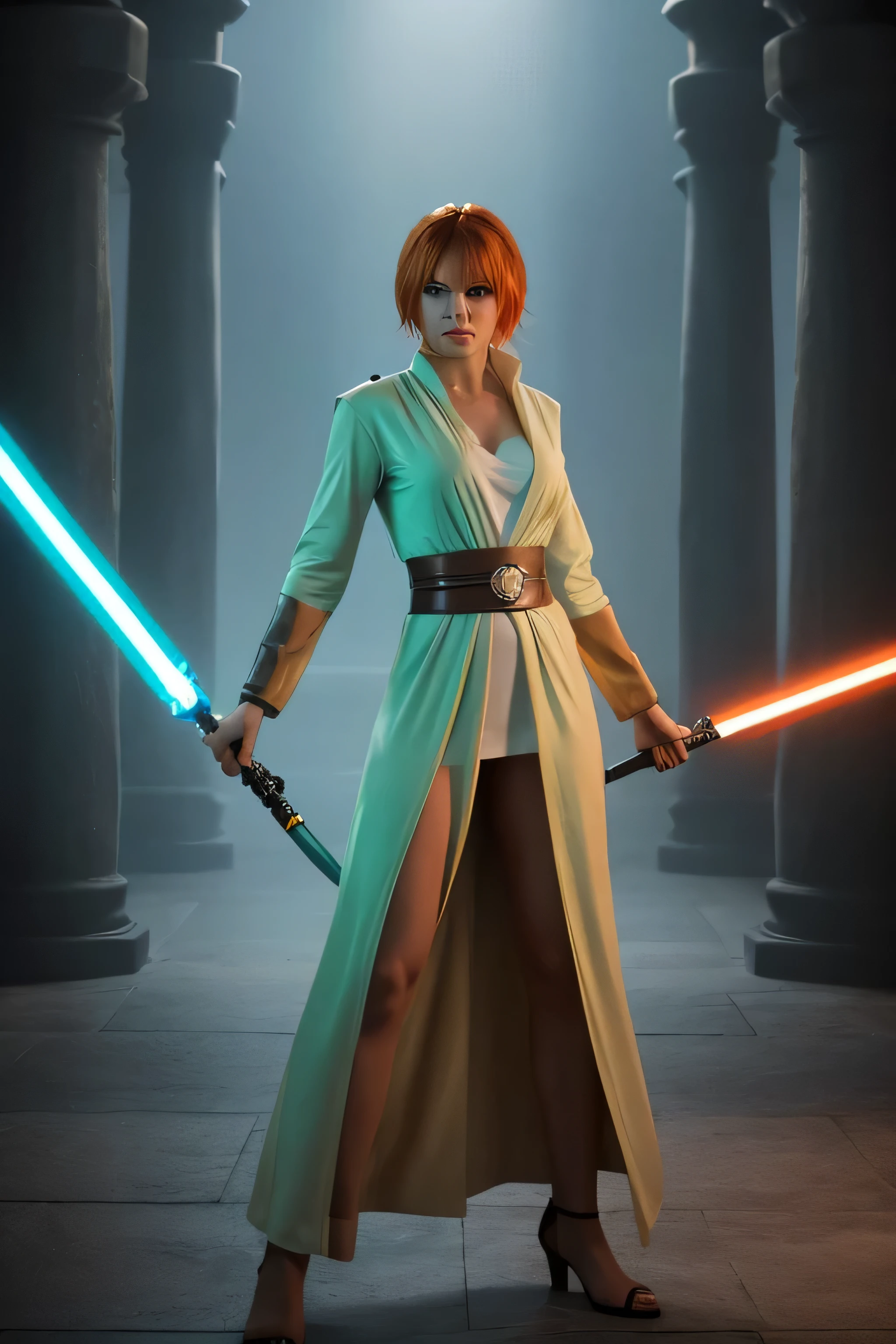 When a female orange-haired Jedi, dressed is sexy light green robe, with an ice-blue energy sword begins to feel the pull of the dark side but fight against several dark enemies inside a futuristic jedi temple.