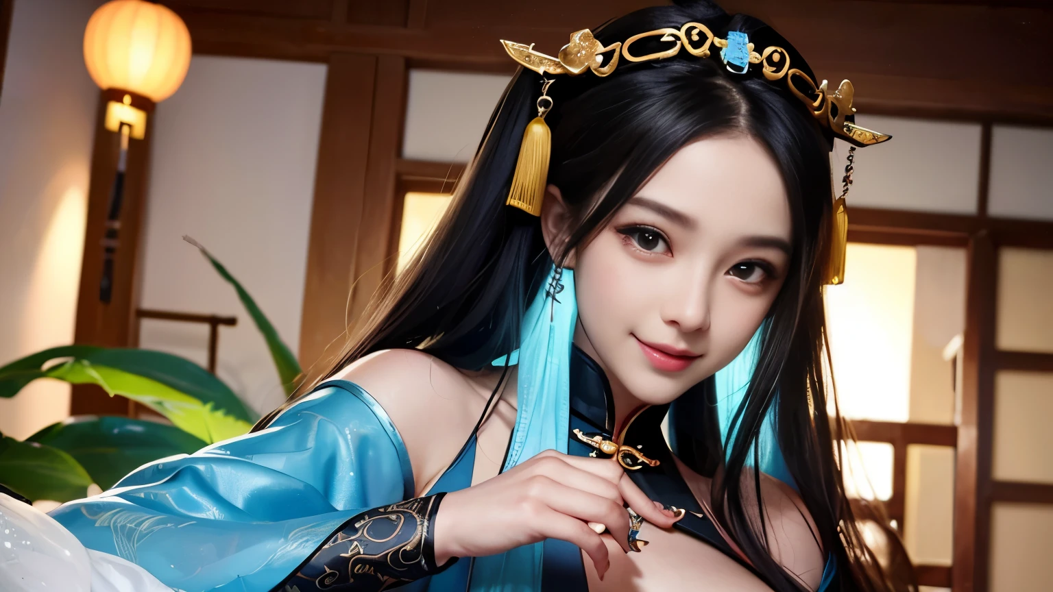 realistic, High resolution, 1 female, hip up, beautiful eyes, Ring-shaped eyes, jewelry, tattoo, Hanfu, chinese fairy, taoist uniform、cleavage、smile