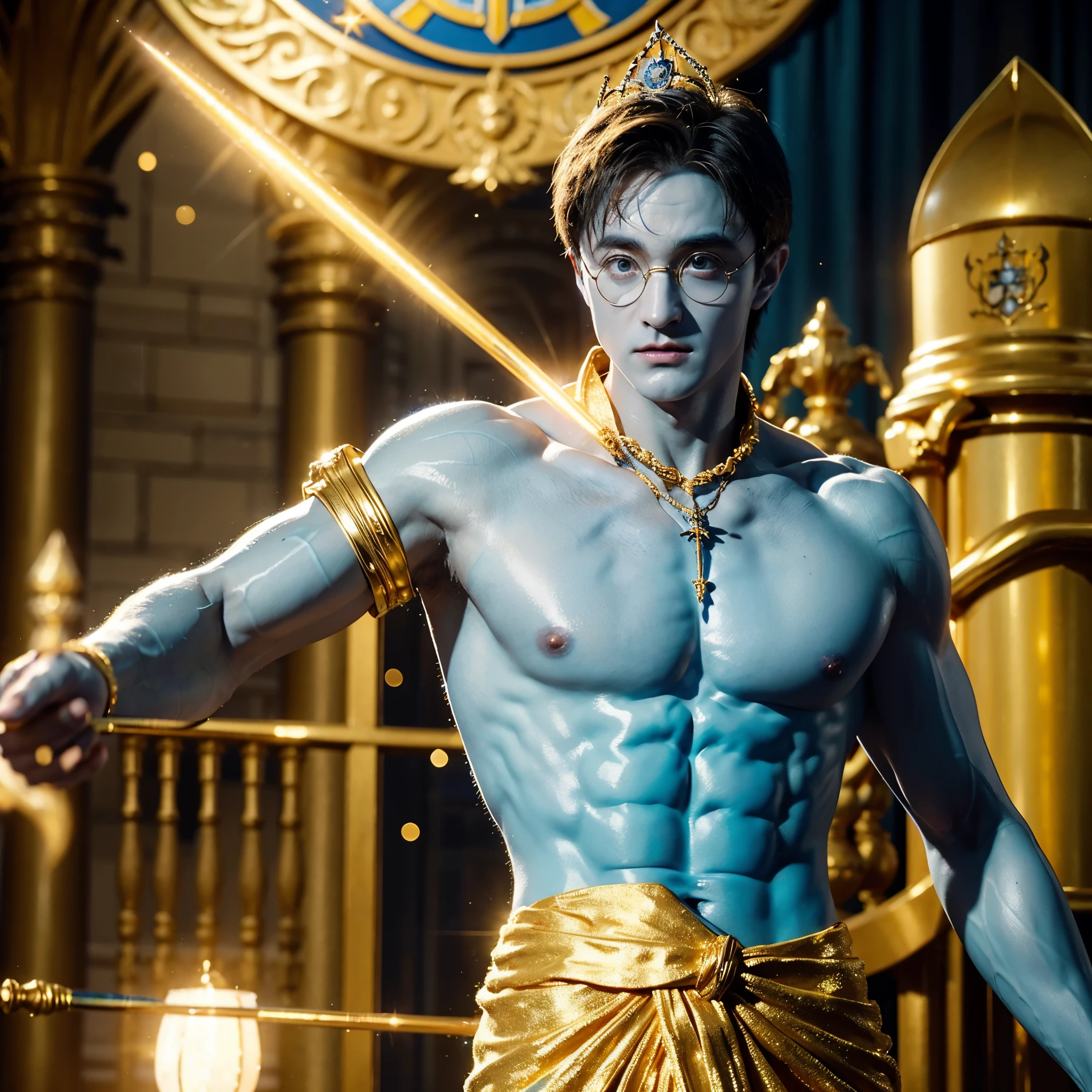 blue skin Harry Potter, muscular body, bare upper body, golden ornaments, flashy costume, Hogwarts in the background, golden king, golden emperor Harry Potter, painted in the center, crowd in the background, golden effect, golden magic, high quality,Harry Potter with golden skin, muscular body, bare upper bodyHarry Potter with golden skin, nothing on, naked, nothing on upper body, golden ornaments, flashy costume, Hogwarts in background, golden king, golden emperor Harry Potter, painted in the center, crowd in background, golden effect, golden magic, high quality, high definition、Harry Potter, the king who unifies the universe, robot in the background,