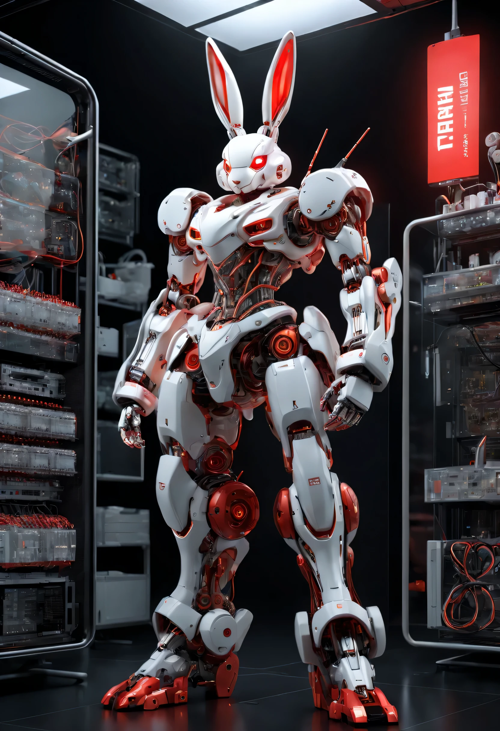 full-body shot, (Shot from head to toe: 1.2), facing the camera, people in the center, 1 medical robot, white and red color scheme, Rabbit shaped mecha head, The body is composed of precision electronic components and wires, Transparent housing, (global illumination, Ray tracing, high dynamic range, Unreal rendering, Reasonable design, high detail, masterpiece, best quality, ultra high definition, movie lighting)