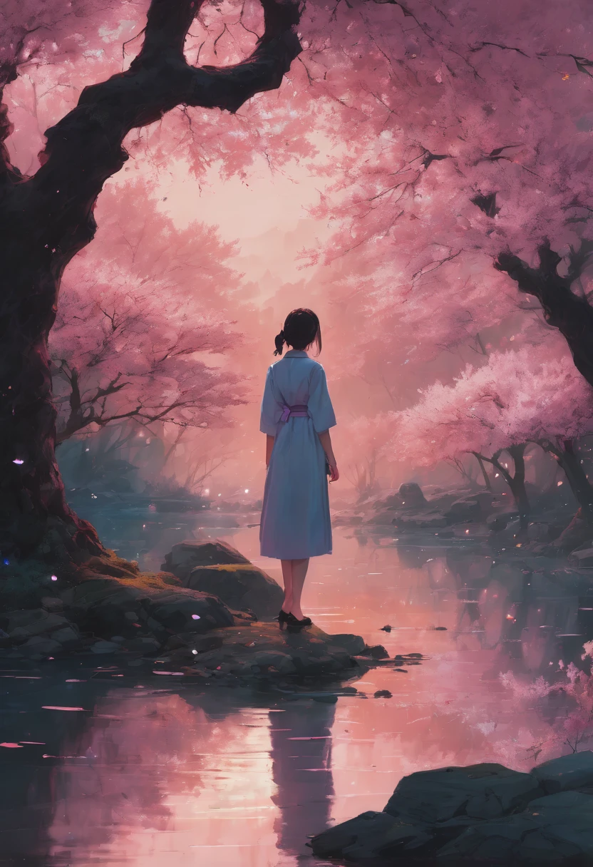 1girl, The Sakura Maiden, aesthetic, Incredible, detailed fluid gouache illustration of an enchanting, glowing sakura garden at sunset by renowned artists including Jeremy Mann and Winslow Homer. Features sharp focus, vivid colors, fireflies and a hyperrealistic galaxy. Concept art with 8k resolution.