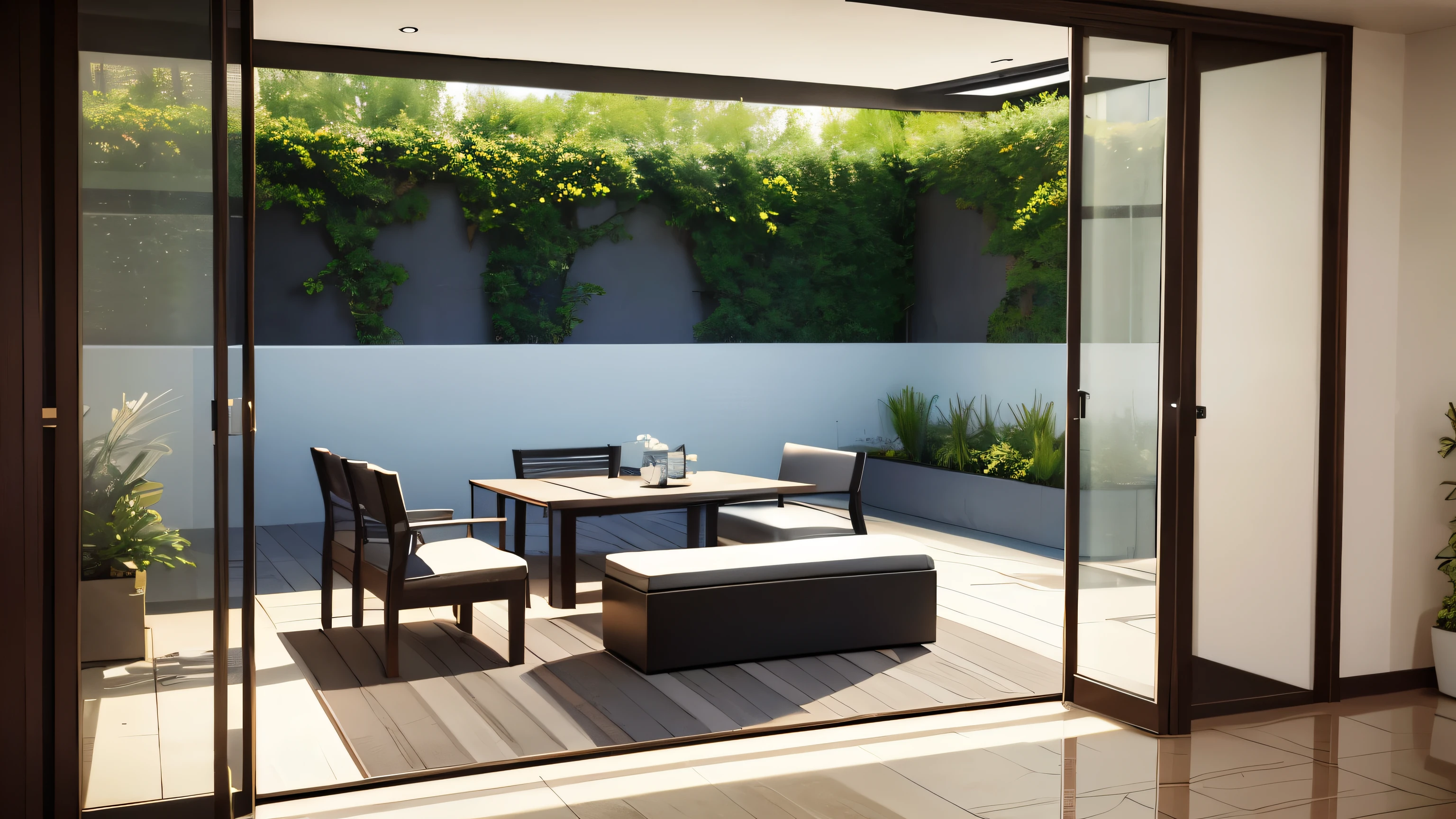 you are a famous interior designer、I was asked to create a 3D image of a large modern room.。. Create a harmonious environment with modern and minimalist furniture. Including garden interior.