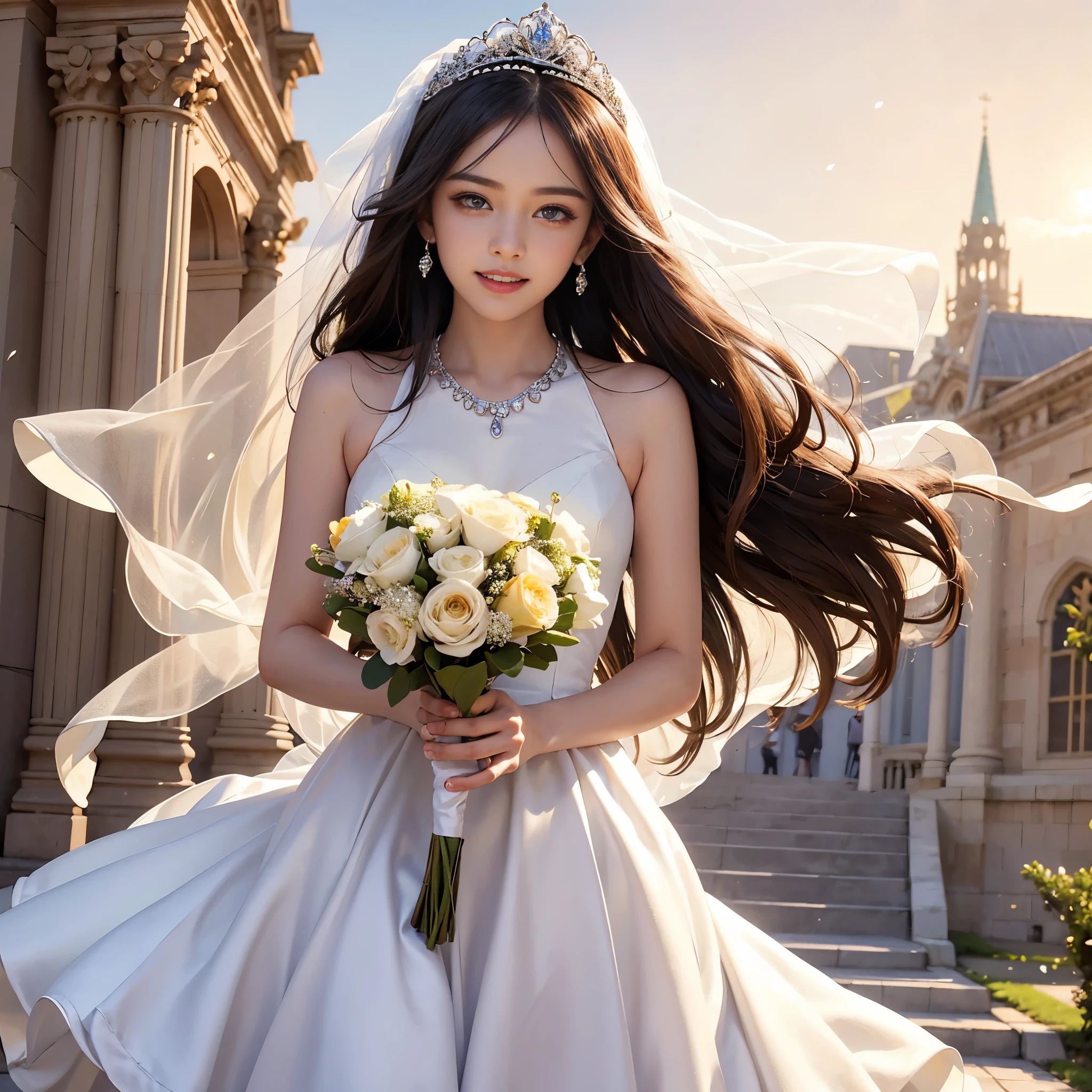 best quality, masterpiece, very detailed, reasonable design, clear lines, Only 1 girl, (huge laugh), Very pretty, thin collarbone, cute teen, sweet, sun glare, Conservative attire, turtleneck wedding dress, bridal tiara, bridal veil, white gloves, depth of field, blurred background, light particles, strong wind, head tilt, long hair, natural hands, 5 fingers