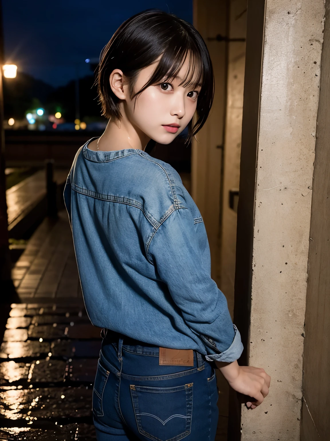 Best quality,raw photo , 19 years old Japanese female idol, leaning forward,arched back,touch the wall ,from behind, looking back , v-neck sweater ,boyfriend jeans,Short hair, bowl cut ,cute face ,edgy ,wet ,selfie, rain,night,