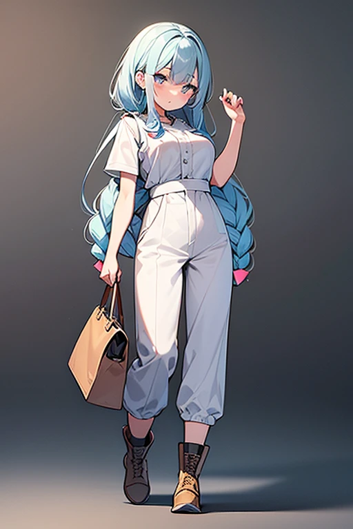 ((highest quality)), ((masterpiece)), (be familiar with), (simple background)、perfect face, one girl、、big breasts、small face、long hair、silky hair、foreign style braids、pastel blue hair、Full body figure、standing position、khaki、Work clothes、pants、Jumpsuit、work apron、safety boots、
