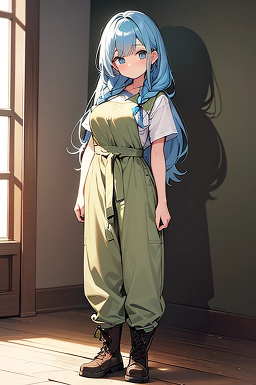 ((highest quality)), ((masterpiece)), (be familiar with), (simple background)、perfect face, one girl、、big breasts、small face、long hair、silky hair、foreign style braids、pastel blue hair、Full body figure、standing position、khaki、Work clothes、pants、Jumpsuit、work apron、safety boots、
