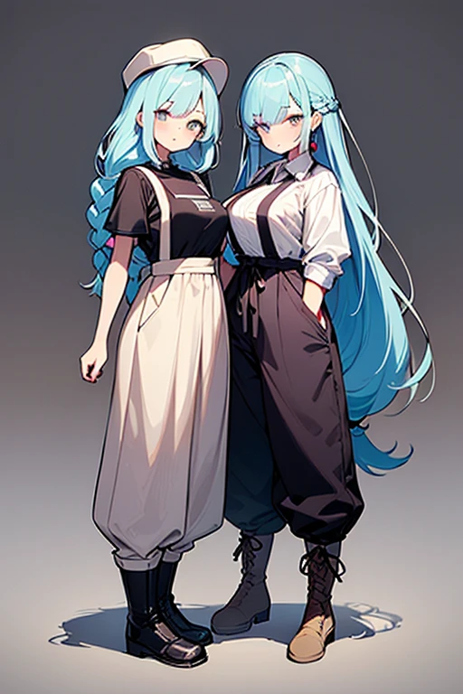 ((highest quality)), ((masterpiece)), (be familiar with), (simple background)、perfect face, one girl、、big breasts、small face、long hair、silky hair、foreign style braids、pastel blue hair、Full body figure、standing position、khaki、Work clothes、pants、Jumpsuit、work apron、safety boots、