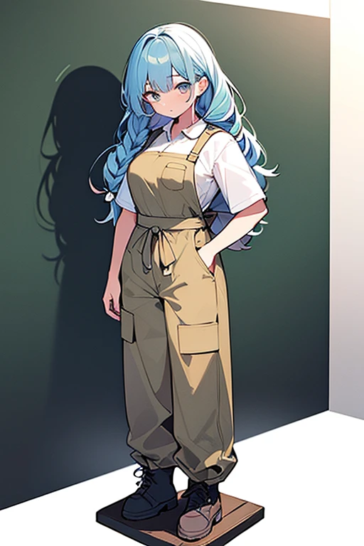 ((highest quality)), ((masterpiece)), (be familiar with), (simple background)、perfect face, one girl、、big breasts、small face、long hair、silky hair、foreign style braids、pastel blue hair、Full body figure、standing position、khaki、Work clothes、pants、Jumpsuit、work apron、safety boots、