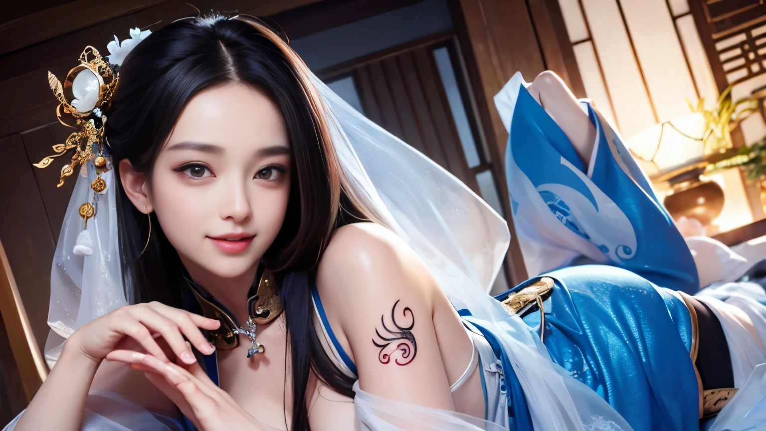 realistic, High resolution, 1 female, hip up, beautiful eyes, Ring-shaped eyes, jewelry, tattoo, Hanfu, chinese fairy, taoist uniform、cleavage、smile