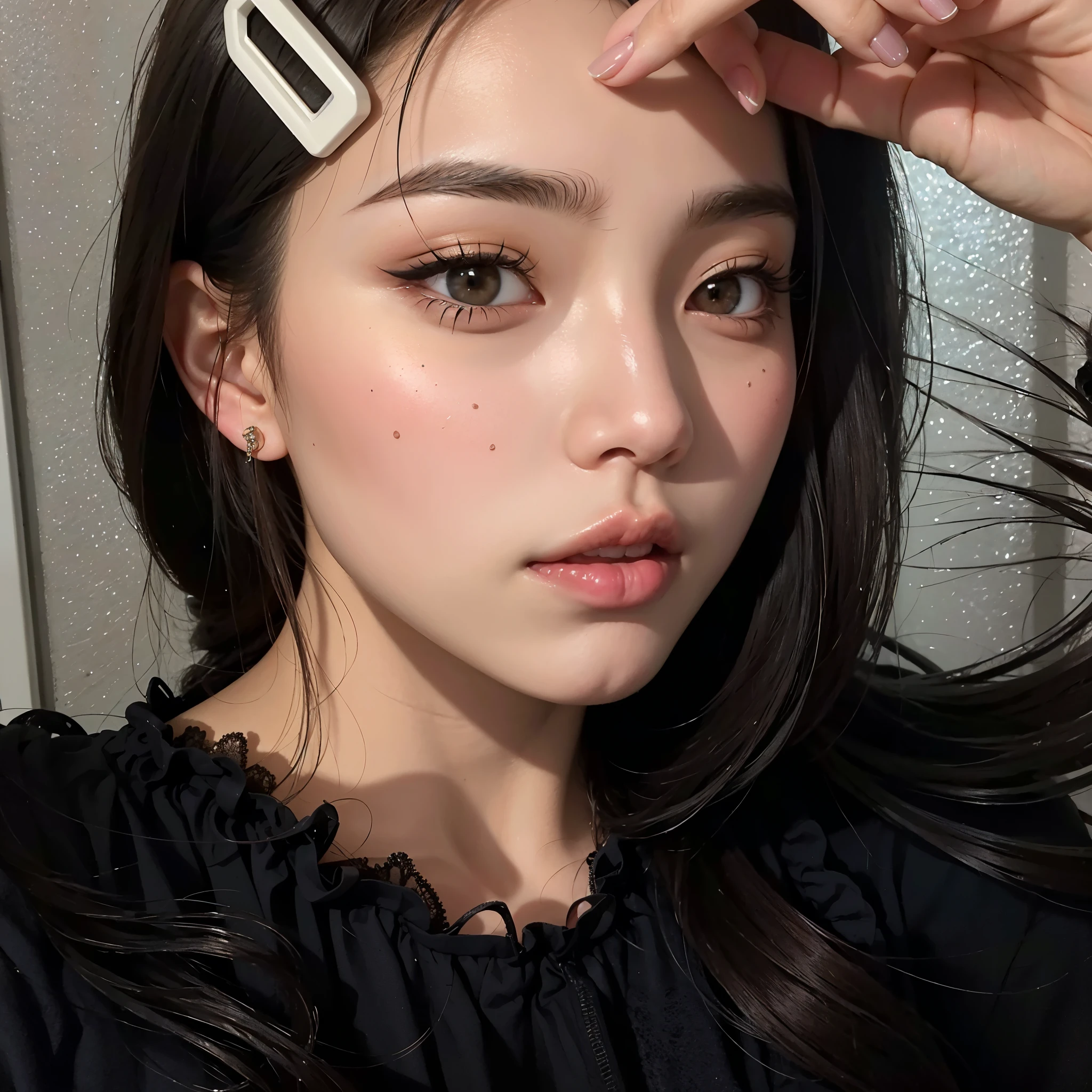 Mujer arafed con un top negro y un peine blanco., maquillaje popular de corea del sur, maquillaje coreano popular, ulzzang, joven y adorable rostro coreano, maquillaje ligero, sakimichan, maquillaje suave, pale korean adorable face, cara sexy con maquillaje completo, Retrato realista kawaii, hermosa joven coreana, hermoso rostro estetico, muchacha coreana, hermosa joven coreana