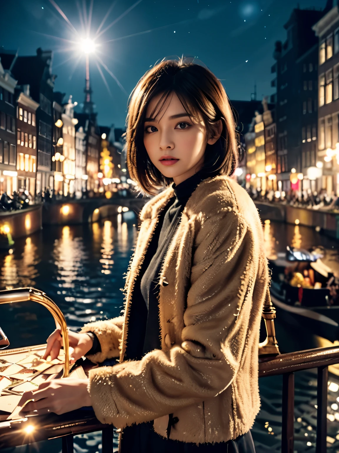 (highly detailed eyes), (((textile shading))), (((best qualthaty))), (((table top))), (((Super detailed CG))), bold girl, (((Girl magician))), （beautiful japanese actress） japanese woman, emo pinup, ((short hair, layer of fur, nice hair)), (((carduroy jacket、mini cart))), ((take a pose)), (((CG game)) (nice, bold, that ), fancy jewelry, A sparkling sky, amsterdam light festival, strong amsterdam light festival atmosphere, cowboy shot, shot in the middle, image centered, looking at the camera, 