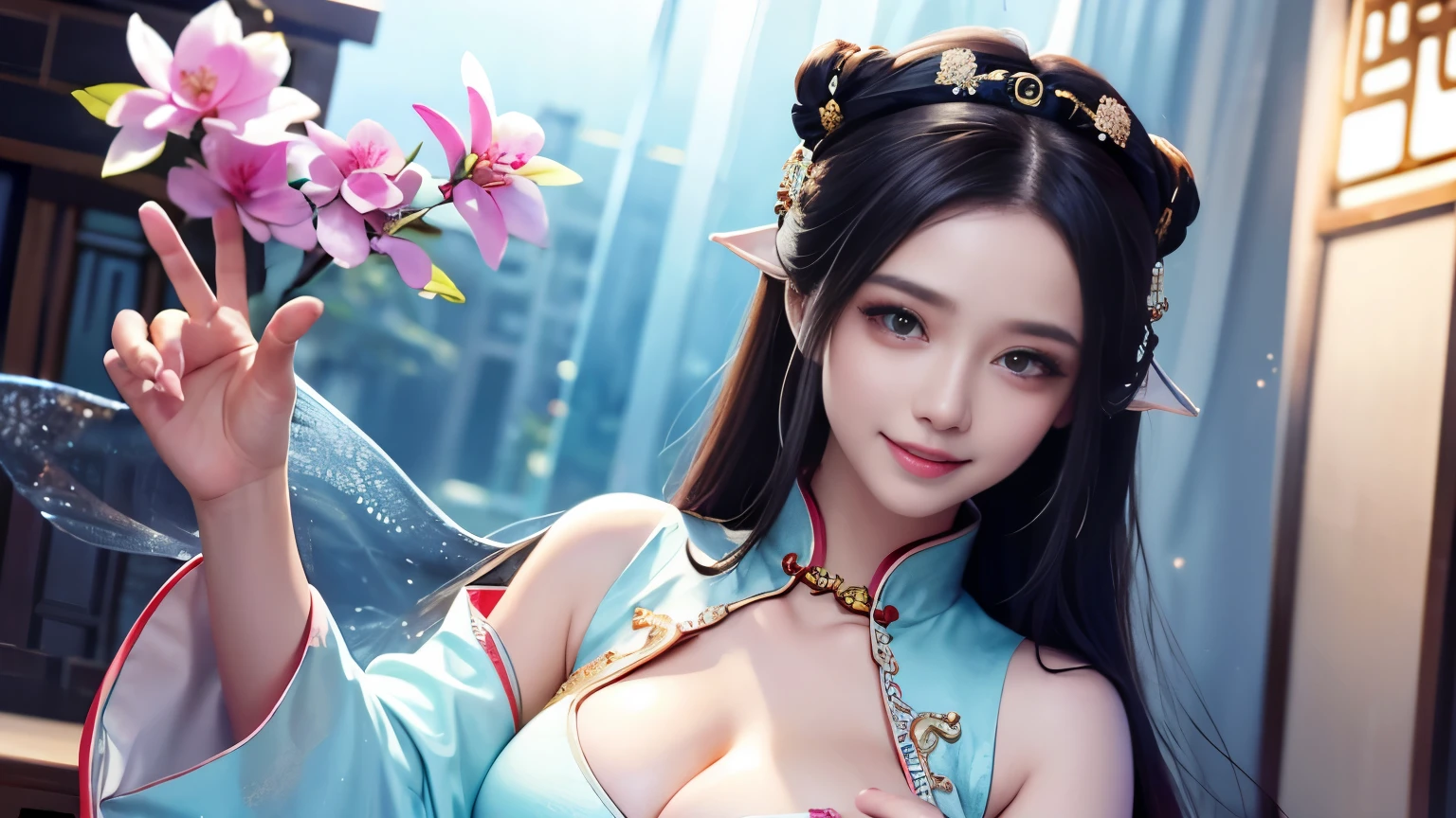 realistic, High resolution, 1 female, hip up, beautiful eyes, Ring-shaped eyes, jewelry, tattoo, Hanfu, chinese fairy, taoist uniform、cleavage、smile