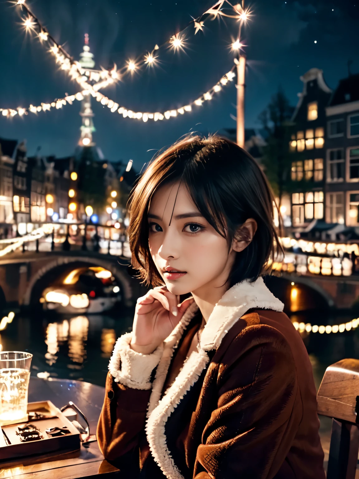 (highly detailed eyes), (((textile shading))), (((best qualthaty))), (((table top))), (((Super detailed CG))), bold girl, (((Girl magician))), (beautiful japanese actress) japanese woman, emo pinup, ((short hair, layer of fur, nice hair)), (((carduroy jacket、mini cart))), ((take a pose)), (((CG game)) (nice, bold, that ), fancy jewelry, A sparkling sky, amsterdam light festival, strong amsterdam light festival atmosphere, cowboy shot, shot in the middle, image centered, looking at the camera,