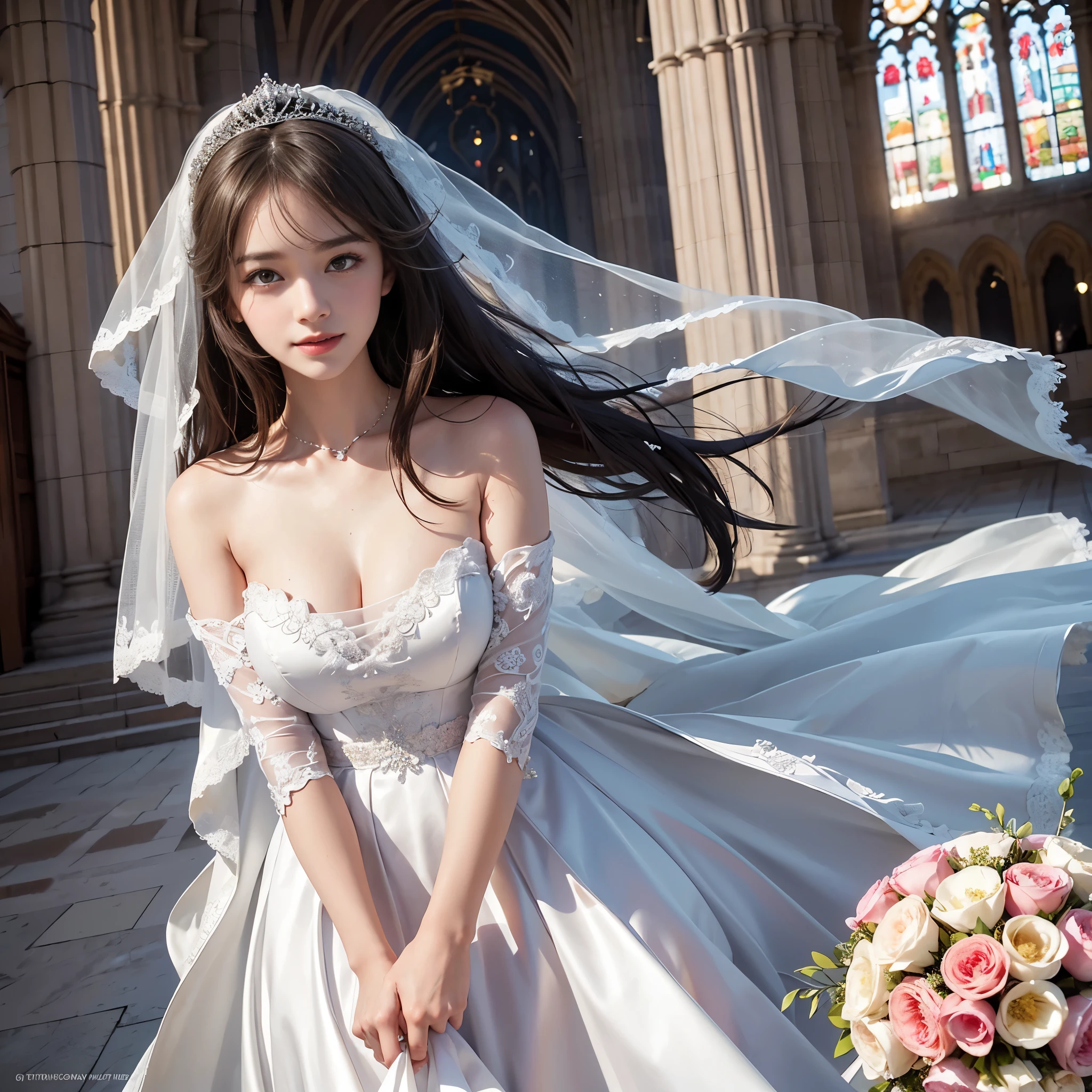 only 1 girl, huge laugh, Very pretty, beautiful, make her sit, cute , sweet, sun glare, Conservative attire, wedding dress, bridal tiara, bridal veil, bouquet, depth of field, blurred background, Cathedral Background, light particles, strong wind, head tilt, long hair,