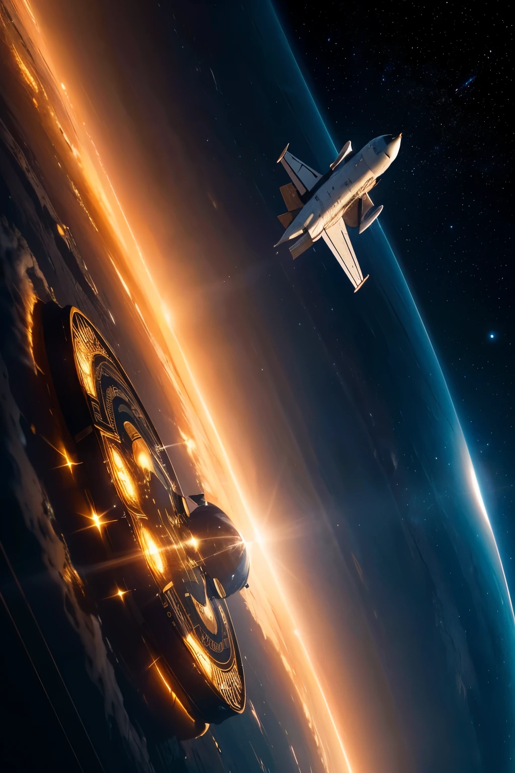 A globe suspended in the vastness of space, encircled by a majestic line-up of space shuttles, signifies the ongoing global powers' race for dominance in the cosmos. The globe, a pristine representation of our home planet, glows with a radiant luminance, illuminated by the intricate dance of sunlight and shadows. The shuttles orbit rhythmically in a mesmerizing ballet of ambition and rivalry, each adorned with the distinct emblem of a different global power. The celestial battleground unfolds before our eyes, the intensity of geopolitical tensions amplified against the cosmic backdrop. Brilliant spot