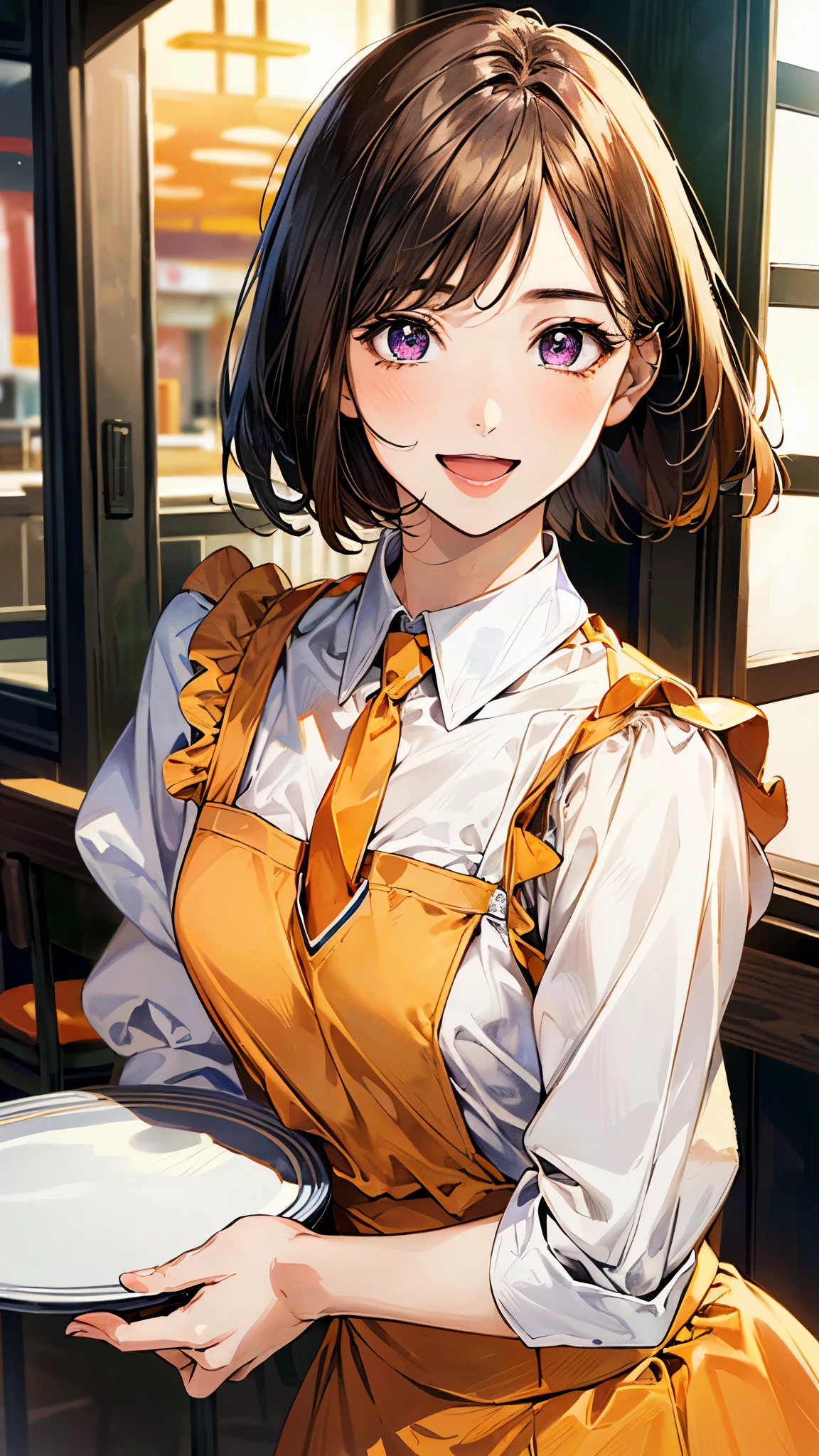 (masterpiece:1.2, top-quality), (realistic, photorealistic:1.4), beautiful illustration, (natural side lighting, movie lighting), , 
looking at viewer, (face focus, upper body), 1 girl, high school girl, japanese, perfect face, perfect anatomy, cute and symmetrical face, small face, round face, shiny skin, 
(short hair:1.6, bob cut:1.5, brown hair, view diagonally from the right), asymmetrical bangs, purple eyes, long eye lasher, (middle breasts), slender, 
beautiful hair, beautiful face, beautiful detailed eyes, beautiful clavicle, beautiful body, beautiful chest, beautiful thigh, beautiful legs, beautiful fingers, 
((symmetrical clothing, (waitress uniform:1.2), orange yellow uniform, yellow sleeves, orange skirt, orange necktie, white apron, sun visor)), 
(beautiful scenery), depth of field, morning, (fast food shops), ((wave your right hand)), (holding the tray in your left hand), girl posing in front of window, (happy smile, open mouth), 