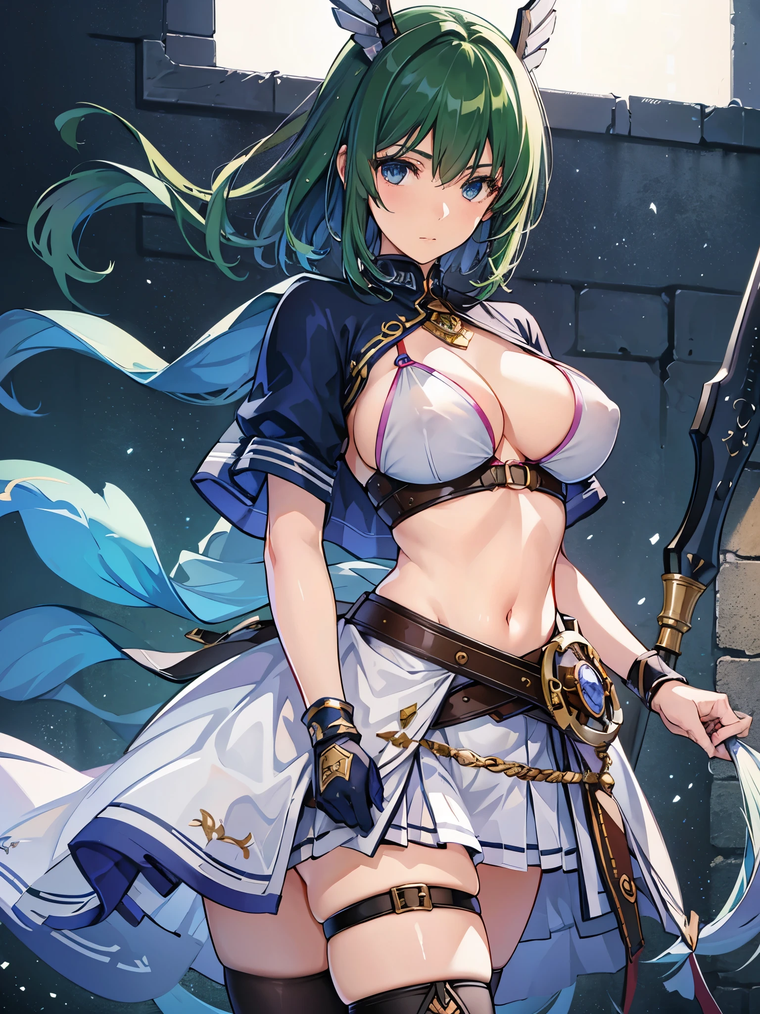 (highest quality, In 4K, 8k, High resolution, pieces fly:1.2),Super detailed,,30 year old female,mature woman,成mature woman,,master piece, highest quality, super fine,maximum resolution, very detailed, sexy,beautiful eyes,nice&beauty,(bikini armor, valkyrie armor,thigh high socks,big breasts,crotch focus,pocket,)),T-back,braided hair,seductive thighs,code,green hair,short bob cut,cowboy shot,In a medieval castle,Spears in the hands