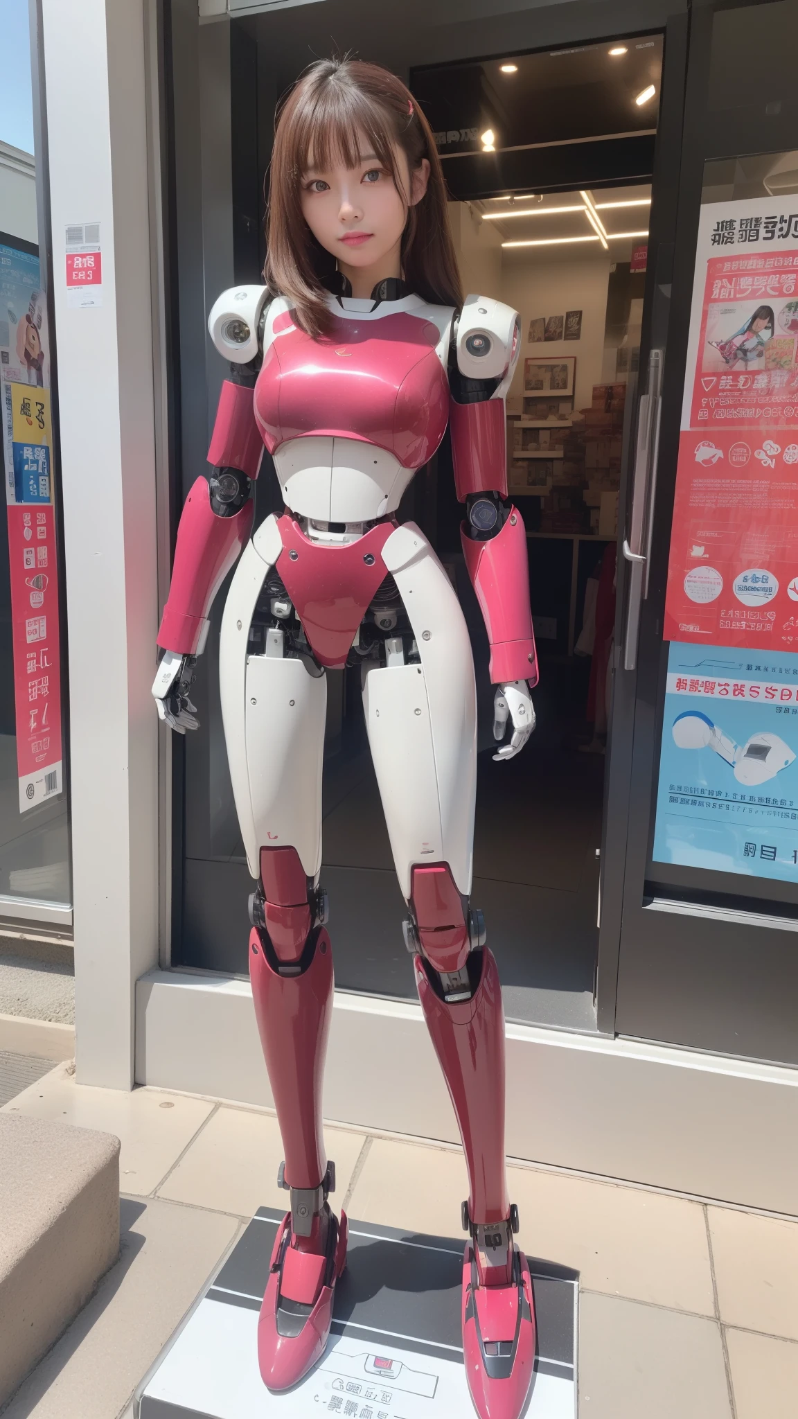 (Photorealsitic:1.4)、one robot woman、(top-quality)、(hyperdetailed face)、(Super well-formed face)、(Robot Parts)、(Female-Robot)、(25 years-old)、(Blue)、(pink there)、(Burgundy)、(metallic)、(full-body)、(sexy pose)、(Slender body)、(Model body type)、(full body mech)、(mechanical exposure)、(Akihabara)、(is looking at the camera)、(A brown-haired)、(Well-proportioned lady)、(a small face)、(a small head)、(well-groomed fingers)、(Idol)、(front facing)、(Standing with legs open)、(Photo session)、(Looks sad)、(perfect-female-robot)、(perfect-mechanical-body)