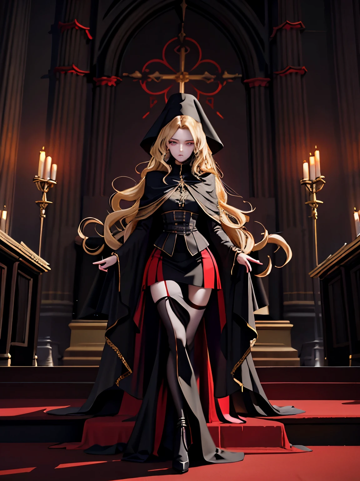 dark soul, dim lights, old church, adult, Slim, High, long curly blonde hair, long black cloak, Red tights long skirt, diamond long skirt, gold bracelet, 8k, official style, european aristocrat, 