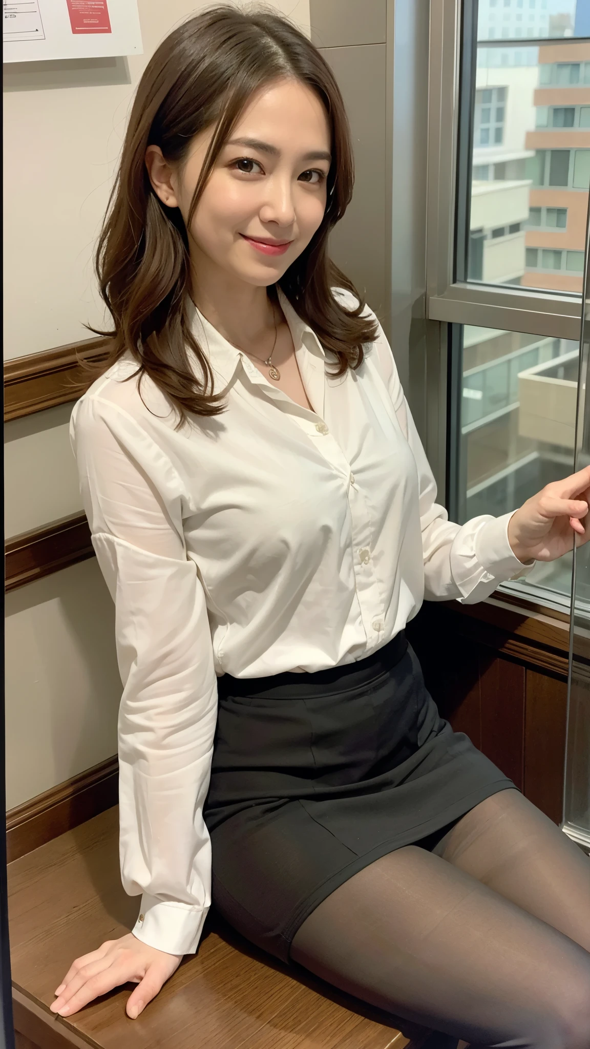 ulzzang-6500-v1.1, (RAW photo:1.2), (Photoreal), (genuine:1.4), (See-through:1.3), (muste piece),(very realistic, High resolution, detailed face, fine eyes), thin woman, 40 years old, cute face, (very affectionate smile:1.2)、various popular hairstyles, slim figure, small breasts, very thin waist, At the office、Wearing a luxurious silk blouse、skirt and thighs、(super realistic pantyhose:1.3), (full body shot:1.15),