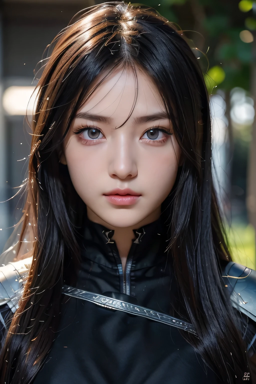 ８ｋ、High resolution、female warrior fashion、beautiful girl、black combat uniform、young、white skin,、narrow eyes,high nose,lighting that illuminates the face、clear image、intellectual beauty、skinny、no makeup、anxious look、lighting that illuminates the face,shining hair、single eyelid,blue eyes、in the flower field、vivid pose