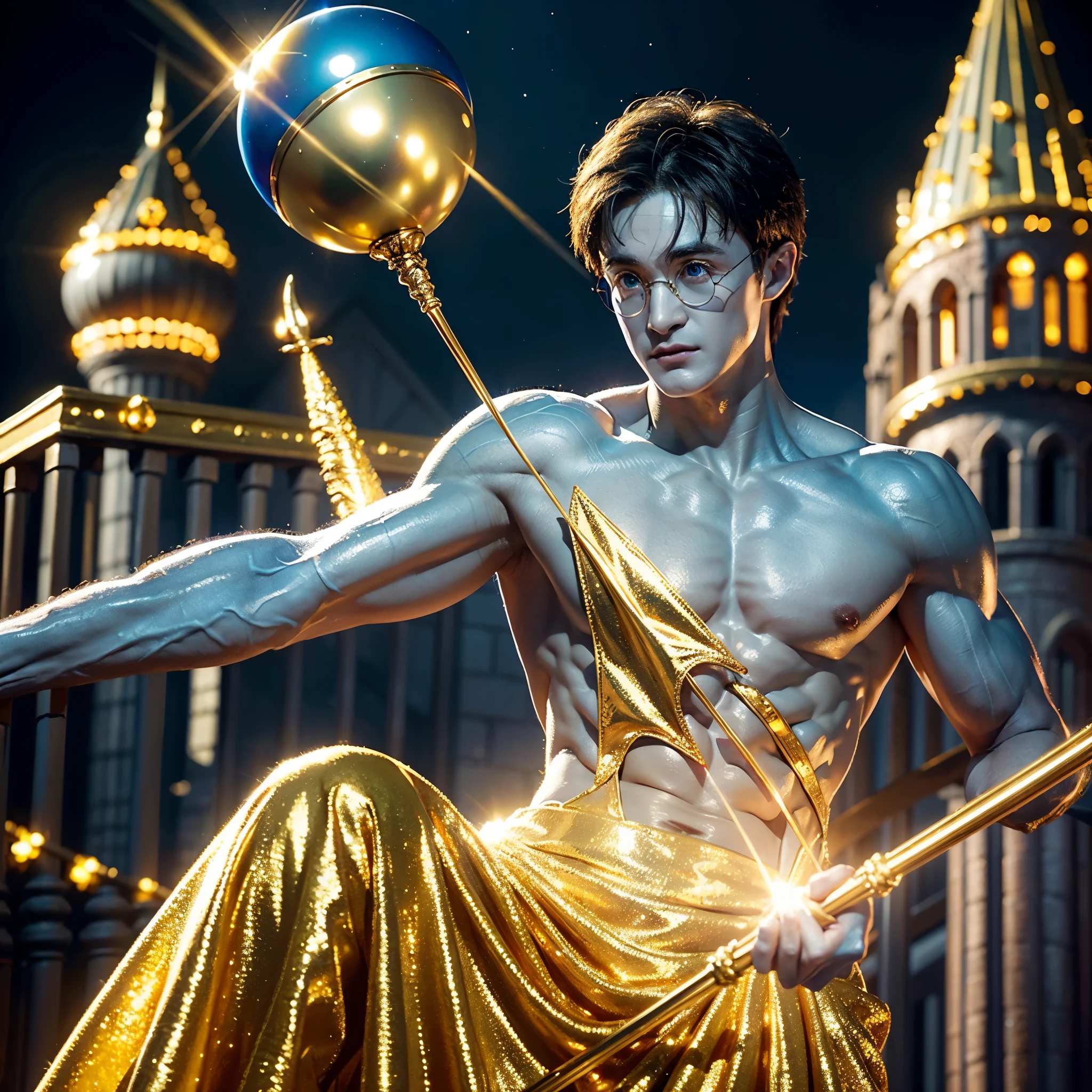 blue skin Harry Potter, muscular body, bare upper body, golden ornaments, flashy costume, Hogwarts in the background, golden king, golden emperor Harry Potter, painted in the center, crowd in the background, golden effect, golden magic, high quality,Harry Potter with golden skin, muscular body, bare upper bodyHarry Potter with golden skin, nothing on, naked, nothing on upper body, golden ornaments, flashy costume, Hogwarts in background, golden king, golden emperor Harry Potter, painted in the center, crowd in background, golden effect, golden magic, high quality, high definition、Harry Potter, the king who unifies the universe, robot in the background,