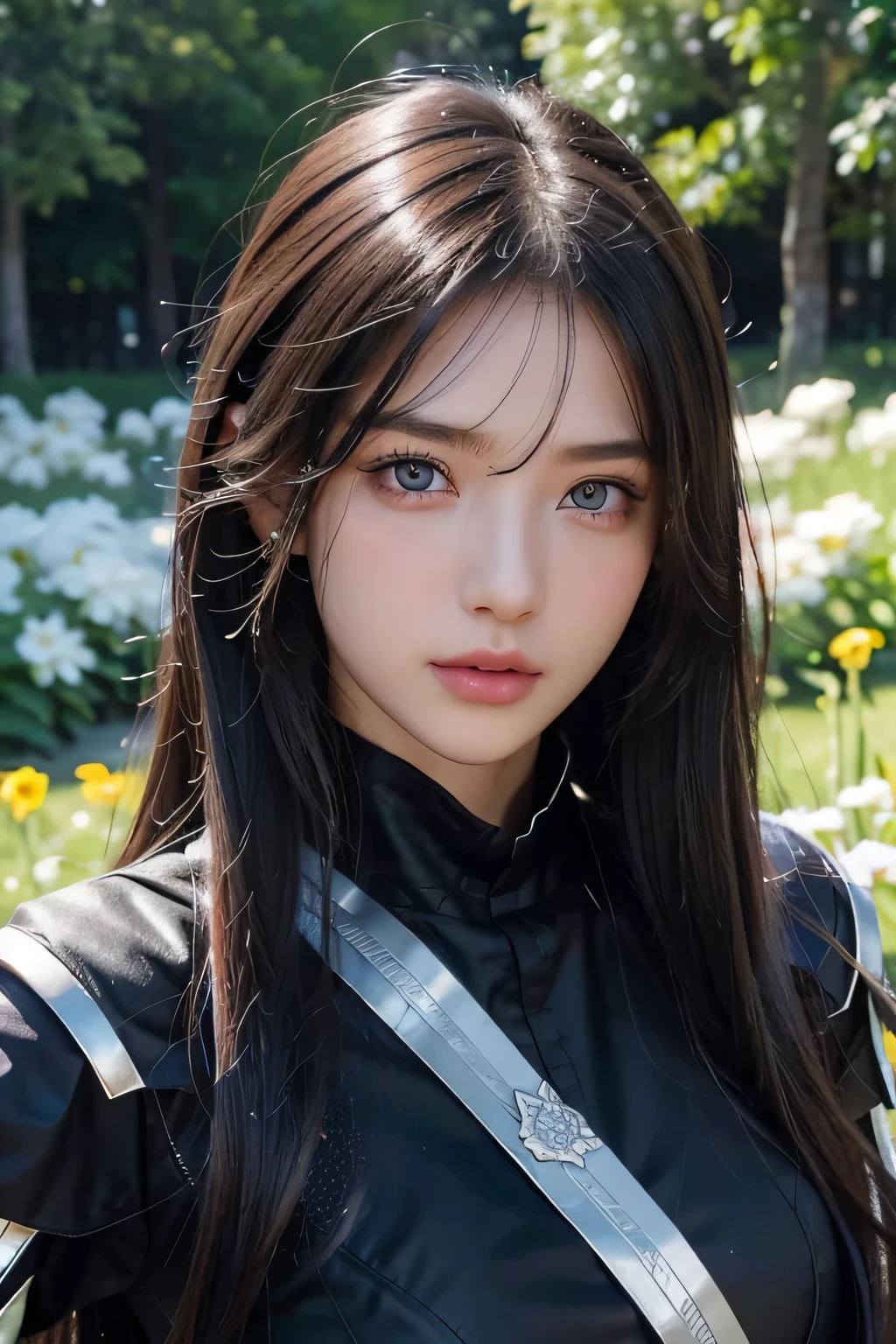 ８ｋ、High resolution、female warrior fashion、beautiful girl、black combat uniform、young、white skin,、narrow eyes,high nose,lighting that illuminates the face、clear image、intellectual beauty、skinny、no makeup、anxious look、lighting that illuminates the face,shining hair、single eyelid,blue eyes、in the flower field、vivid pose