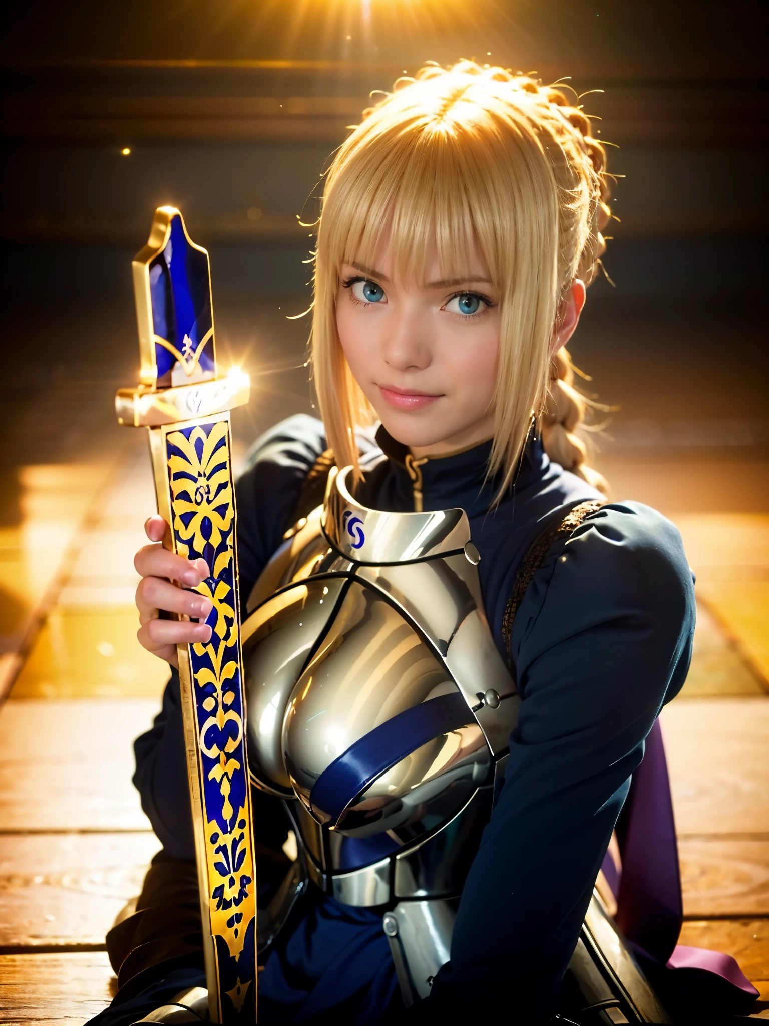  1girl,((())),(a blond), (braided single hair bun)), (huge breast:1.5), (((armor))), ((beautiful anime eyes with fine detail)), ((indigo blue ribbon)), (seductive smile:1.3), realistic skin, (intricate details), ((lighting forward)), depth field, ((ultra high resolution, high res)), {highres}, {{very fine 8KCG wallpapers}}, {{very precise detailed}}, ((((masterpiece)))),in sunlight poolside, ((grasp a golden sword)), 