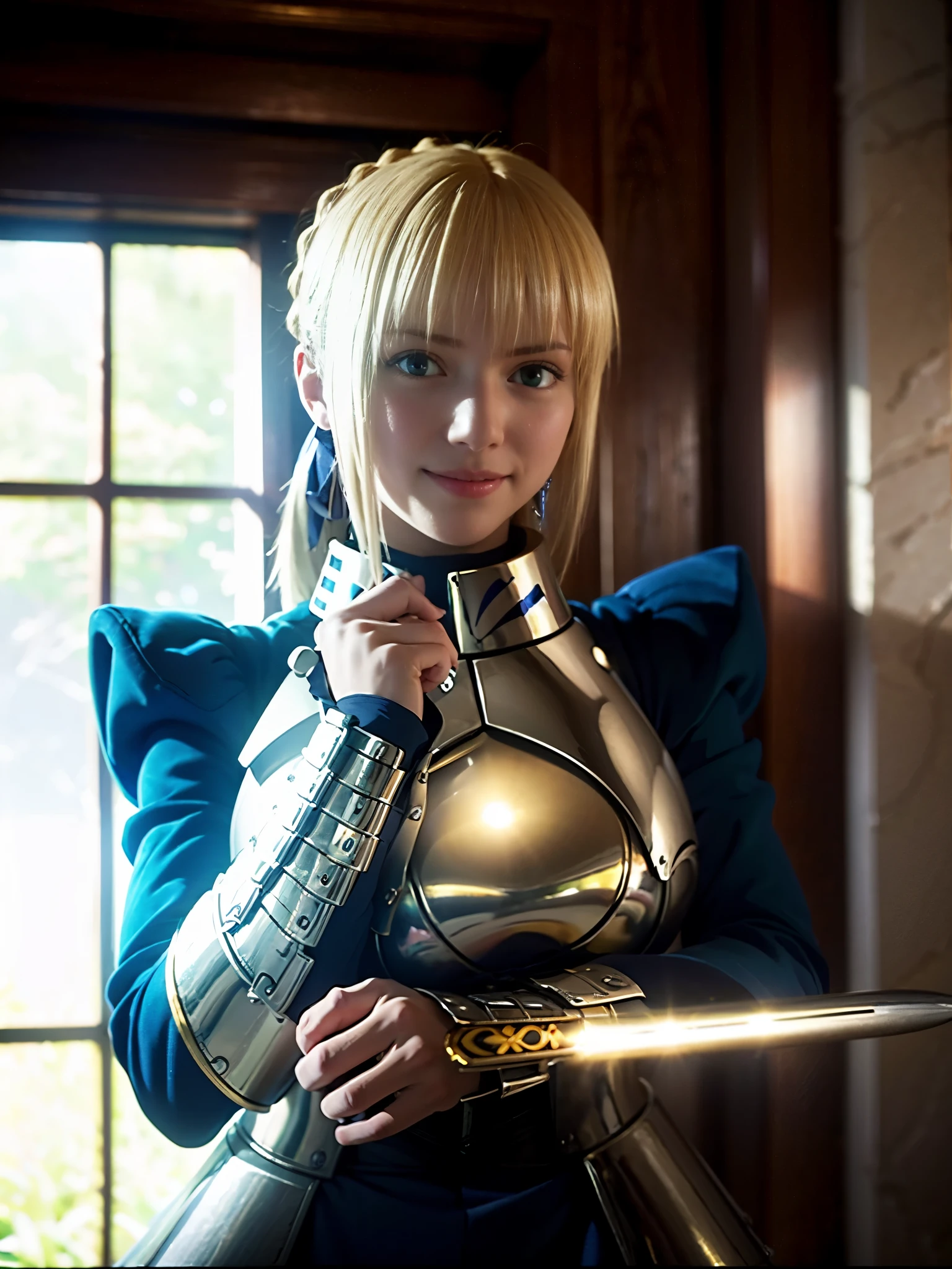 1girl,((())),(a blond), (braided single hair bun)), (huge breast:1.5), (((armor))), ((beautiful anime eyes with fine detail)), ((indigo blue ribbon)), (seductive smile:1.3), realistic skin, (intricate details), ((lighting forward)), depth field, ((ultra high resolution, high res)), {highres}, {{very fine 8KCG wallpapers}}, {{very precise detailed}}, ((((masterpiece)))),in sunlight poolside, ((grasp a golden sword)),