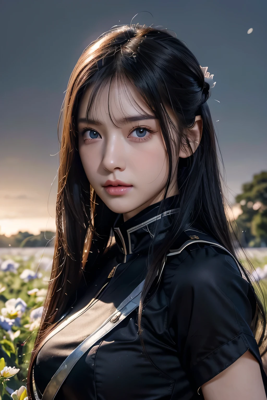 8k、High resolution、female warrior fashion、beautiful girl、black combat uniform、young、white skin,、narrow eyes,high nose,lighting that illuminates the face、clear image、intellectual beauty、skinny、no makeup、anxious look、lighting that illuminates the face,shining hair、single eyelid,blue eyes、in the flower field、vivid pose