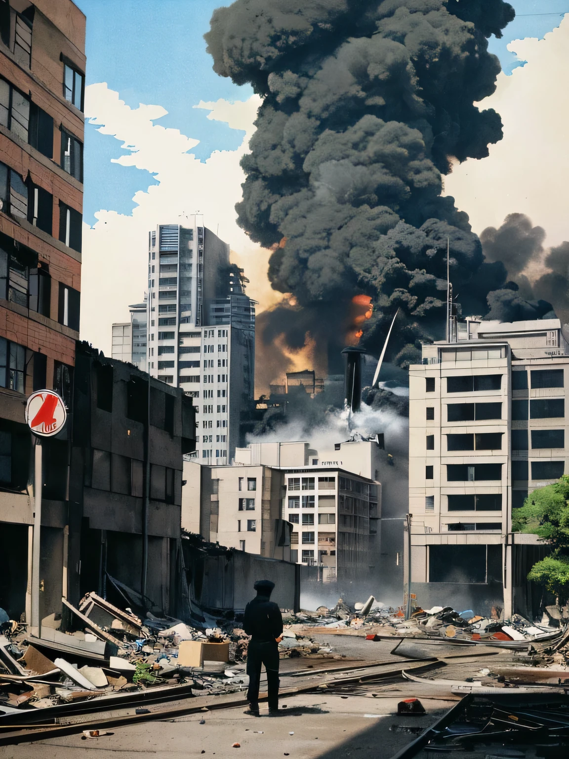 アニメペイントAn illustration、City and concrete buildings destroyed by war、black smoke、An illustration