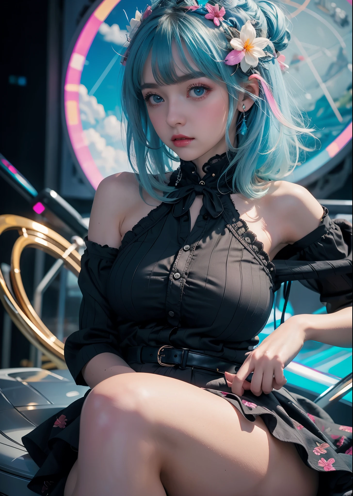 Psychedelic world、lolita fashion、Cute 1 girl、18 year old girl、light blue hair、colorful gel background、fractal background、perfect lighting、sharp focus、High definition、high resolution、High color rendering、High resolution、Super realistic、photo realistic