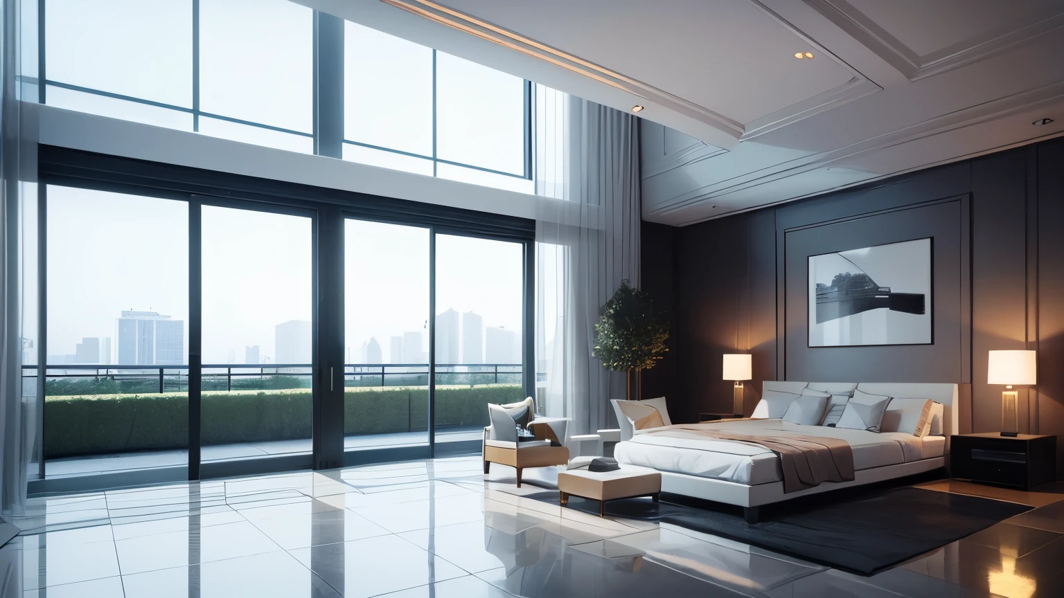 you are a famous interior designer、I was asked to create a 3D image of a large modern room.。. Create a harmonious environment with modern and minimalist furniture. Including garden interior.
