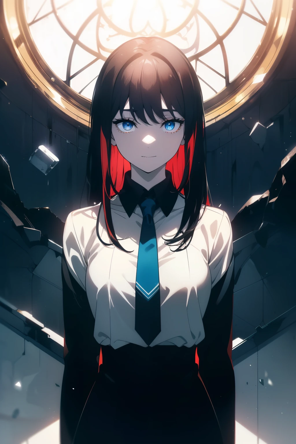 (Obra maestra, La mejor calidad, ultrahigh resolution), 1girl, standing, school uniform, full black long dress, red designs, ((light brown, light brown hair:0.7), long hair cut, pale skin, ((blue eyes)), glowing_eyes, neon eyes, (ultra detailed eyes, beautiful and detailed face, detailed eyes), (((centered))), smile, ((wide shot)), facing viewer, eye level, (blurry background, bright snowy background, winter), flat chested, looking directly at viewer, ((half closed eyes)), ((perfect hands)), (((head, arms, hips, elbows, in view))), ((hands behind back)), empty eyes, beautiful lighting, outside, outdoors, background, defined subject, 25 years old,