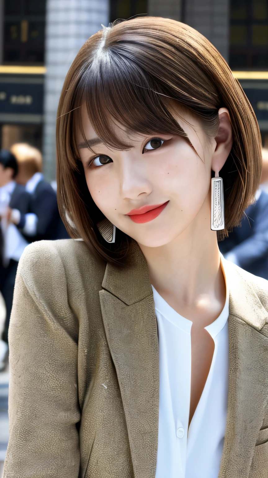 (best quality, ultra-high resolution, real, photorealistic:1.4, 8K), BREAK, a Japanese young lady, (full body:1.4), BREAK, detailed hair, short brown hair, (hyper-detailed face:1.2, hyper-detailed skin:1.2), natural skin, white skin, blushing cheeks, detailed red lips, drunk, BREAK, smile, BREAK, (detailed clothings, business suit:1.3, a large earrings:1.2), BREAK, (in front of Tokyo station:1.3, natural lighting:1.1)