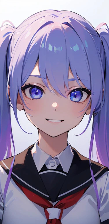 (8K、highest quality、masterpiece:1.2)、Super detailed、super resolution、Realistic、1girl、(two-color hair, white:1.5)、twintails,blue eyes、(eye focus:1.3,face focus:1.3,upper body:1.5),(gradient hair:1.5),(school uniform:1.3)、(evil smile:1.3),cute face,small breasts,portrait,school girl,