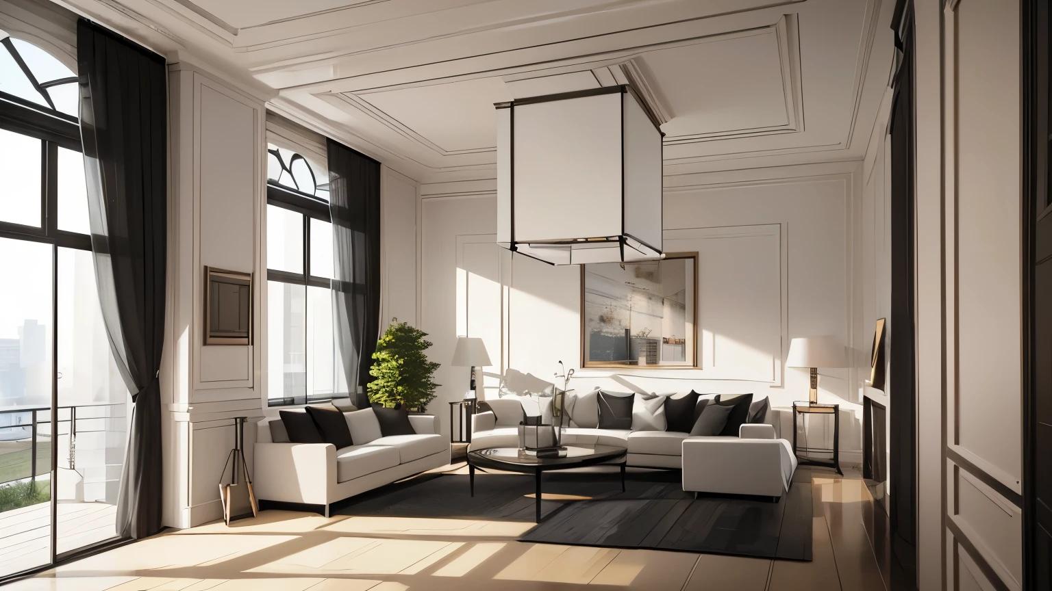 you are a famous interior designer、I was asked to create a 3D image of a large modern room.。. Create a harmonious environment with modern and minimalist furniture. Including garden interior.