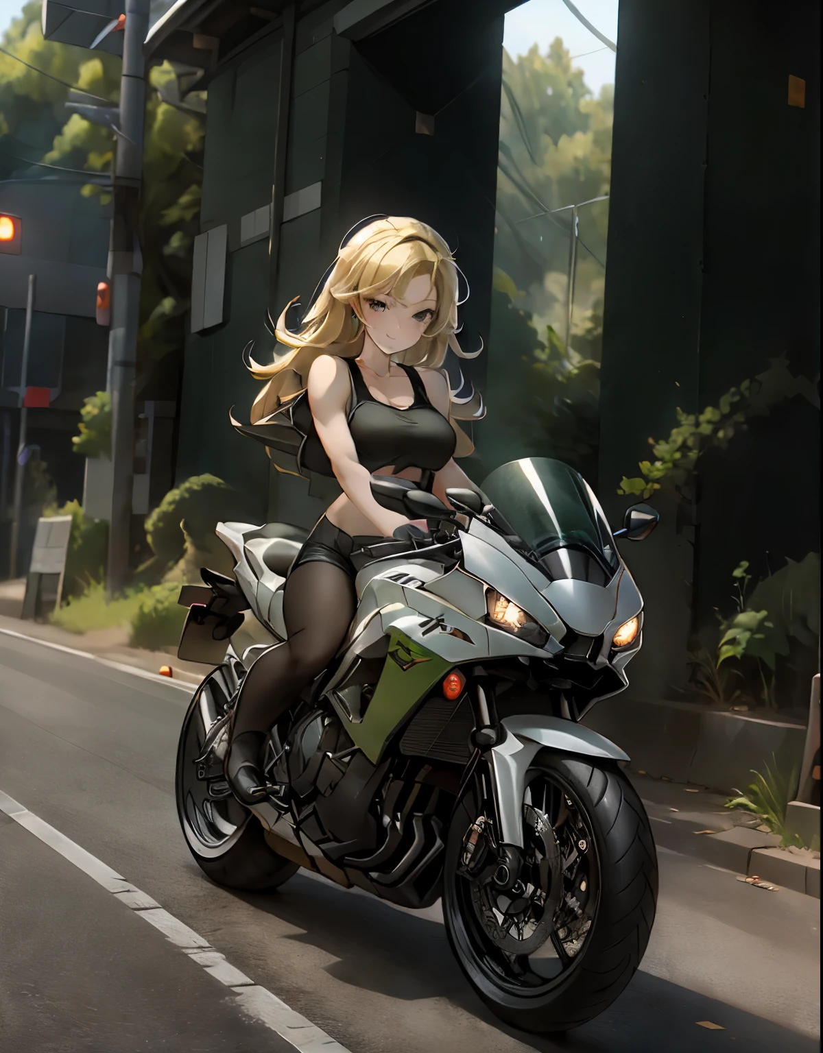 (best quality,8k,highres,masterpiece:1.2),thin beautiful blonde girl,perfect smile,tank top, on top of a black Kawasaki Z650 motorcycle on a highway,illustration,top view,ultra-detailed,realistic,professional,studio lighting,vibrant colors,bokeh