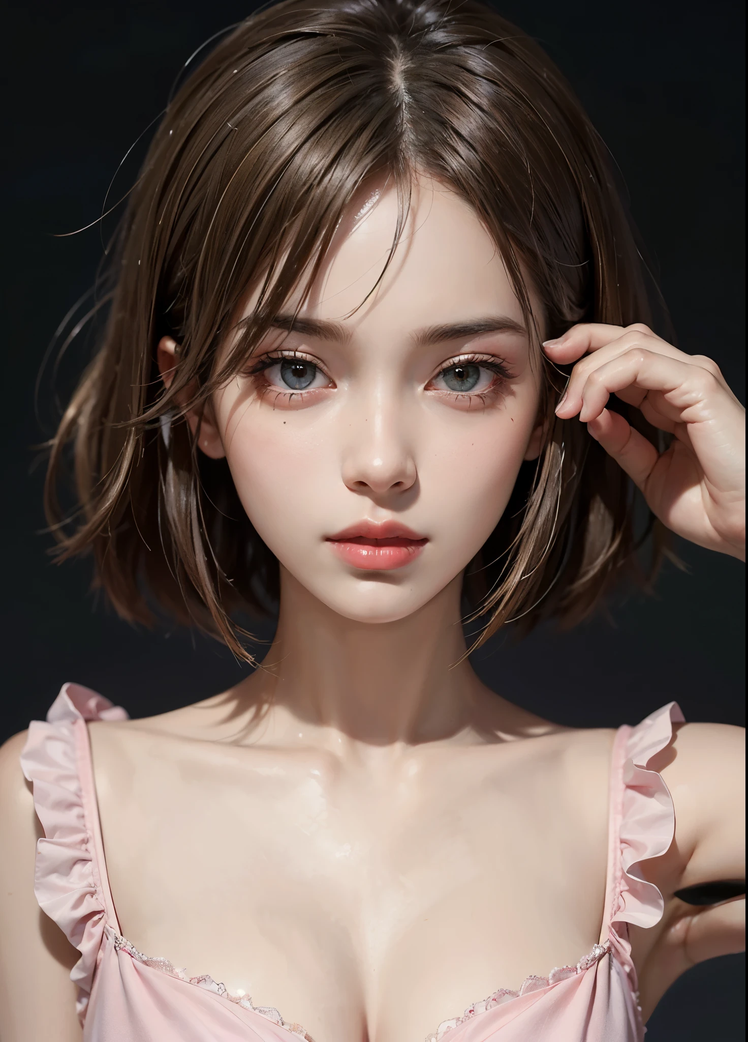 ((best quality)), ((masterpiece)), (be familiar with), perfect face, gray eyes, short hair,brown hair with blonde highlights, pink dress