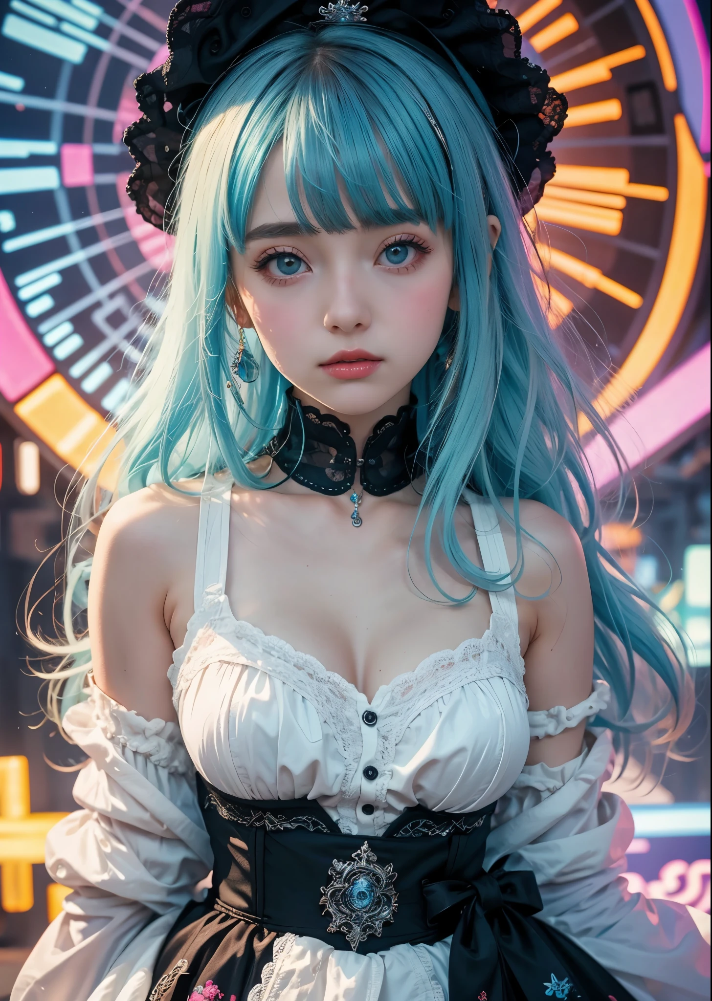 Psychedelic world、lolita fashion、Cute 1 girl、18 year old girl、light blue hair、colorful gel background、fractal background、perfect lighting、sharp focus、High definition、high resolution、High color rendering、High resolution、Super realistic、photo realistic 