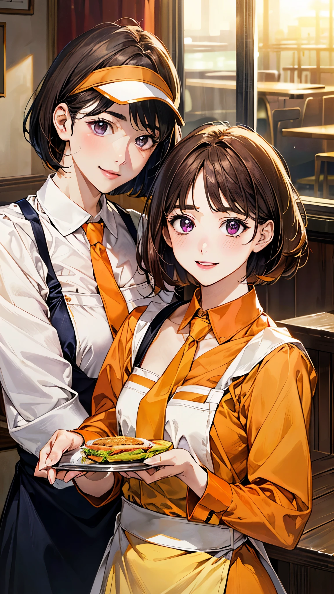 (masterpiece:1.2, top-quality), (realistic, photorealistic:1.4), beautiful illustration, (natural side lighting, movie lighting), , 
looking at viewer, (face focus, upper body), 1 girl, high school girl, japanese, perfect face, perfect anatomy, cute and symmetrical face, small face, round face, shiny skin, 
(short hair:1.6, bob cut:1.5, brown hair, view diagonally from the right), asymmetrical bangs, purple eyes, long eye lasher, (middle breasts), slender, 
beautiful hair, beautiful face, beautiful detailed eyes, beautiful clavicle, beautiful body, beautiful chest, beautiful thigh, beautiful legs, beautiful fingers, 
((symmetrical clothing, (waitress uniform:1.2), orange yellow uniform, yellow sleeves, orange skirt, orange necktie, white apron, sun visor)), 
(beautiful scenery), depth of field, morning, (fast food shops), ((wave your right hand)), ((holding the tray in your left hand)), girl posing in front of window, (happy smile, open mouth), 