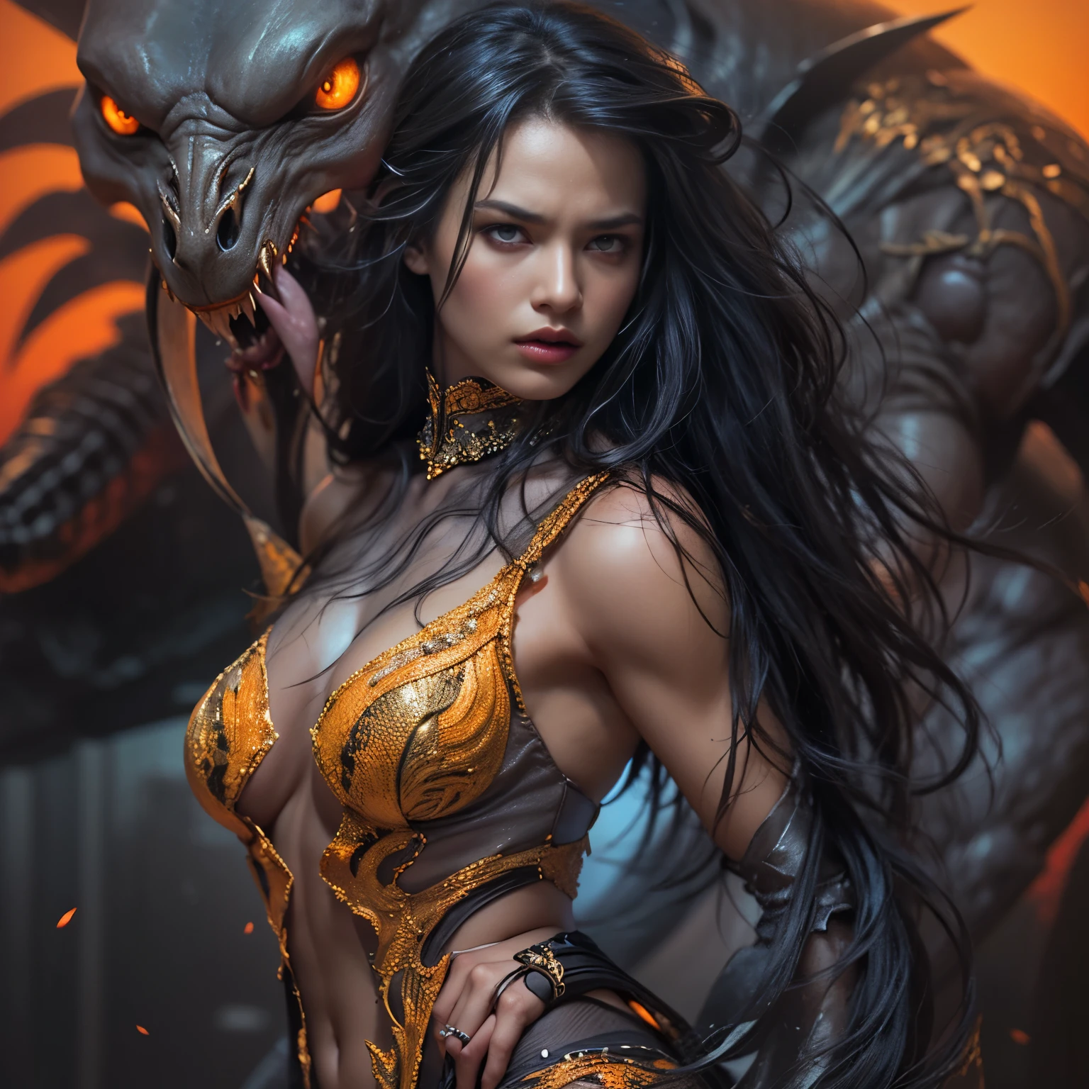 1 female alien, The predator, (extremely beautiful:1.2), (intense gaze:1.4), (predator:1.1), long dark claws, (NSFW:1), nipples, thick eyebrows, (She has shining sky blue orange eyes:1.2), the most beautiful face in the universe, jet black hair, symmetrical beautiful eyes, hyper detailed eyes,
A woman predator with an extremely beautiful face, her intense gaze fixed on her prey, a primal force that could not be denied.
(beautiful lean body:1.5), (muscular build:1.2), (prowling:1.3), (sleek movements:1.4)
Her beautiful body, muscular and toned, moved with sleek grace as she prowled, ready to strike at a moment's notice. The predator within her was always on,
cinematic drawing of characters, ultra high quality model, cinematic quality, detail up, (Intricate details:1.2), High resolution, High Definition, drawing faithfully, Official art, Unity 8K wall , 8K Portrait, Best Quality, Very High resolution, ultra detailed artistic photography,