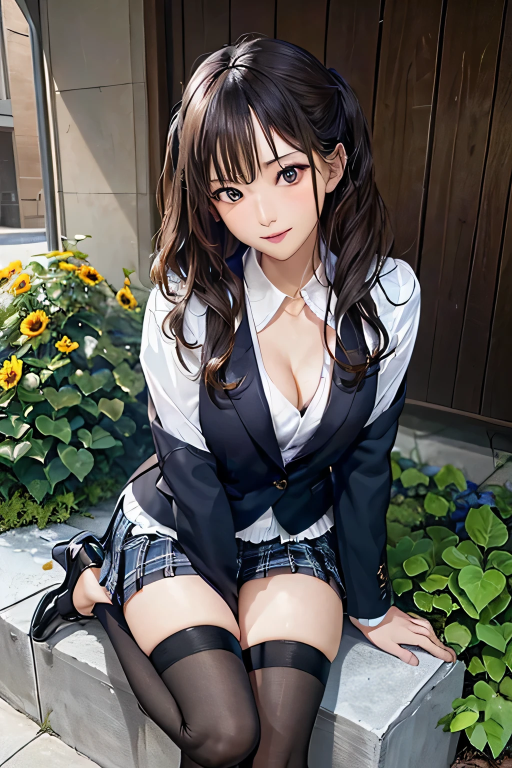 ????, （(Stand upright with one foot in front of the other)）,(full body shot, full body figure), ((Cute symmetrical face)),8k, masterpiece, RAW photo, highest quality, photorealistic, Highly detailed CG Unity 8k wallpaper,(biologically correct form),(masterpiece:1.2, highest quality), (realistic, photorealistic:1.4), beautiful illustrations, (natural side lighting, movie lighting), looking at the viewer, ((focus on the face)), 1 girl, 25 years old, perfect face, perfect body, shiny skin, beautiful hair, beautiful face, beautiful eyes, symmetrical, beautifully detailed eyes, beautiful body, beautiful ???????, beautiful arms、beautiful thighs, ((beautiful long and slender legs)), (small ???),blush, (Symmetrical black stiletto heels and anklets), (biologically correct form), (cute smile), ((blue blazer, Clothes nearby), white collared shirt, Black Check Pleated Skirt, tie)、The background is a bed of sunflowers.