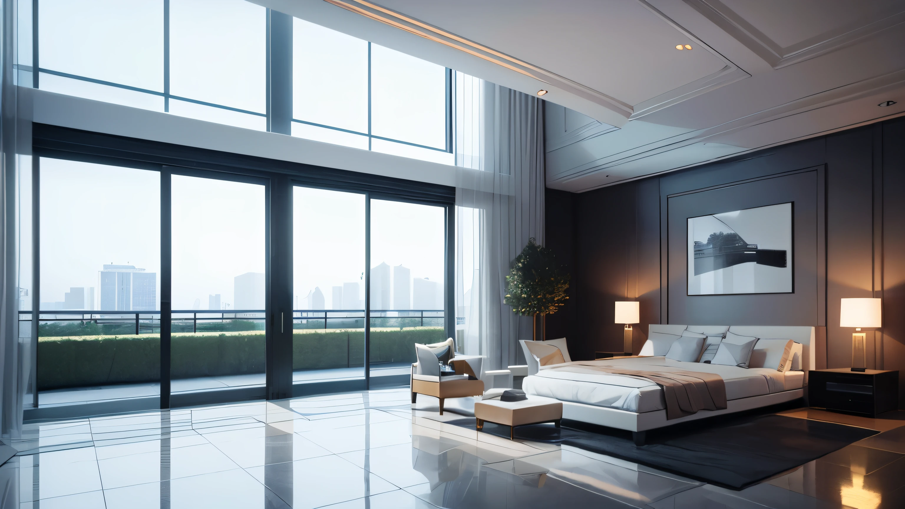 you are a famous interior designer、I was asked to create a 3D image of a large modern room.。. Create a harmonious environment with modern and minimalist furniture. Including garden interior.
