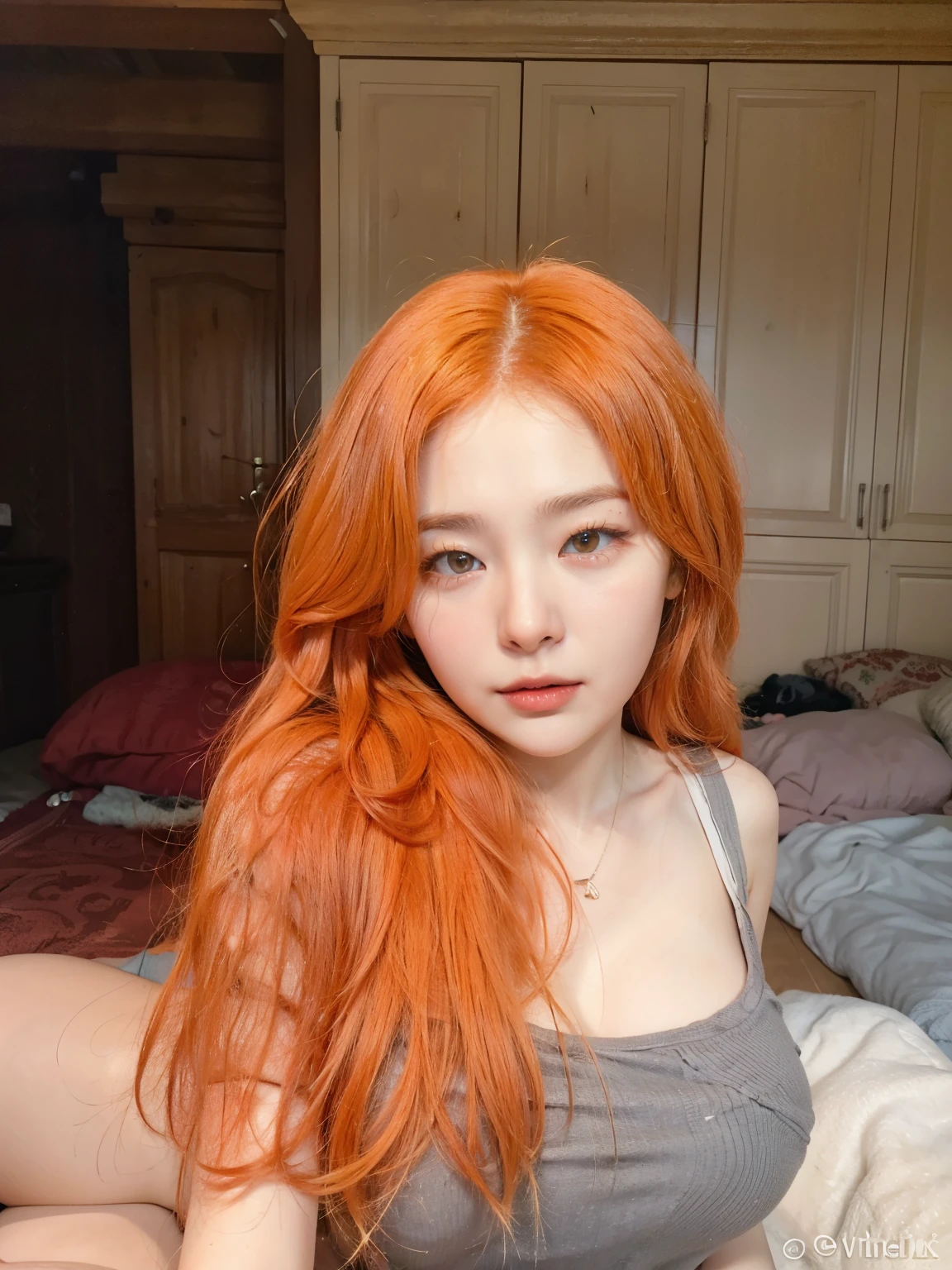 there is a woman with orange hair posing for a picture, she has long redorange hair, orange skin and long fiery hair, orange hair, long orange hair, orange glowing hair, long wavy orange hair, bright orange hair, very long orange hair, with long red hair, with curly red hair, she has long orange brown hair, with red hair, infrared hair