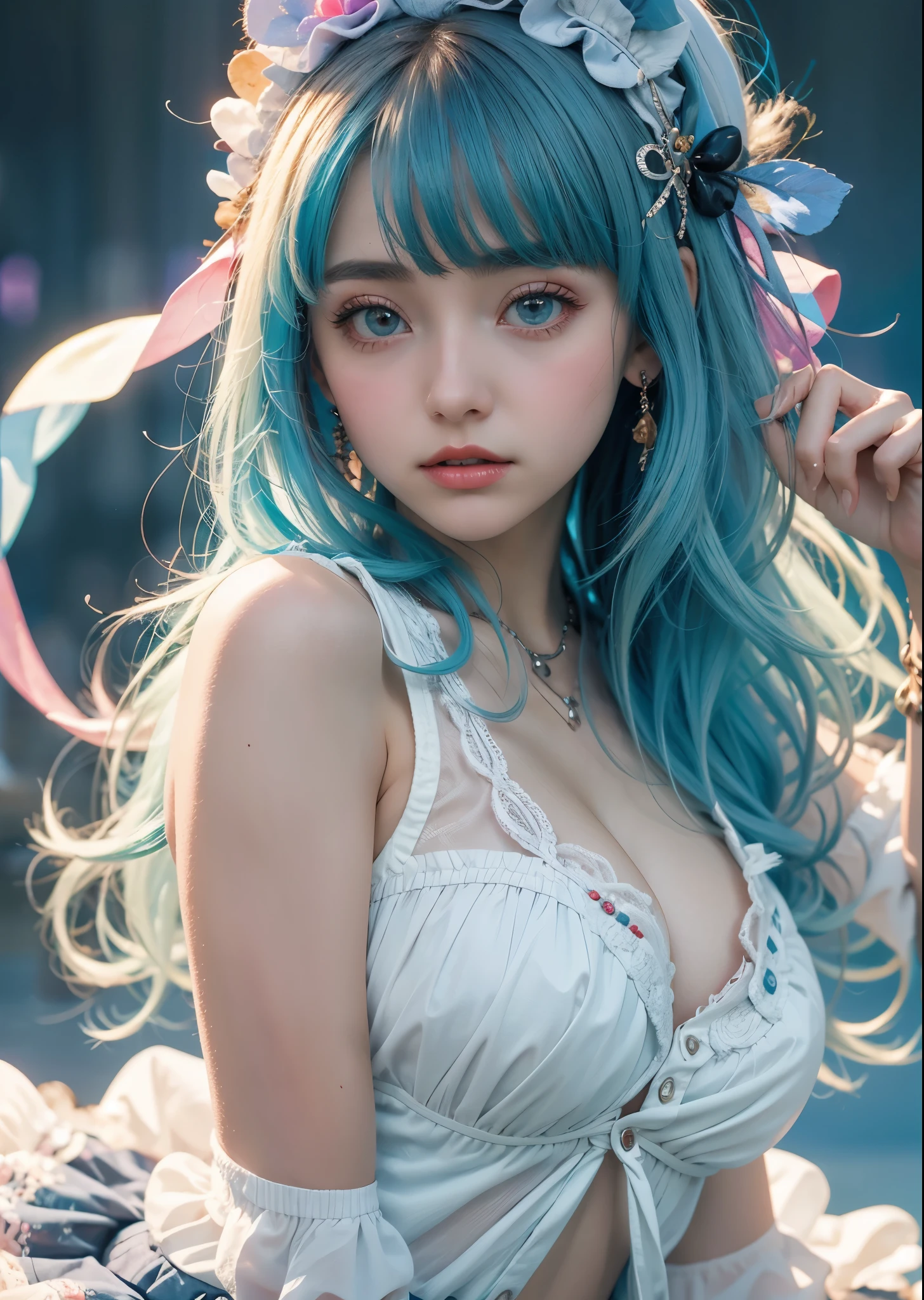 Psychedelic world、lolita fashion、Cute 1 girl、18 year old girl、light blue hair、colorful gel background、fractal background、perfect lighting、sharp focus、High definition、high resolution、High color rendering、High resolution、Super realistic、photo realistic 