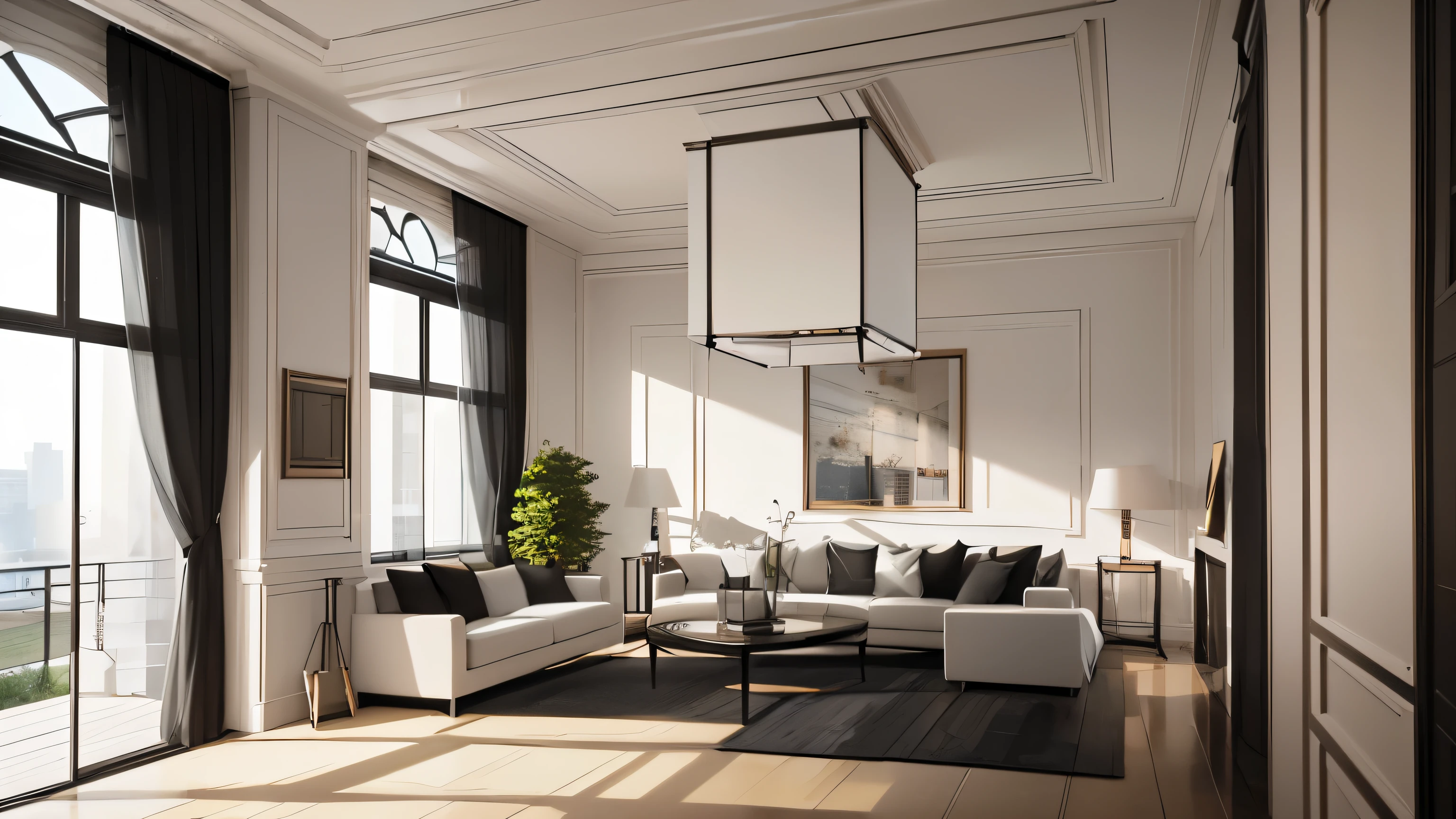 you are a famous interior designer、I was asked to create a 3D image of a large modern room.。. Create a harmonious environment with modern and minimalist furniture. Including garden interior.