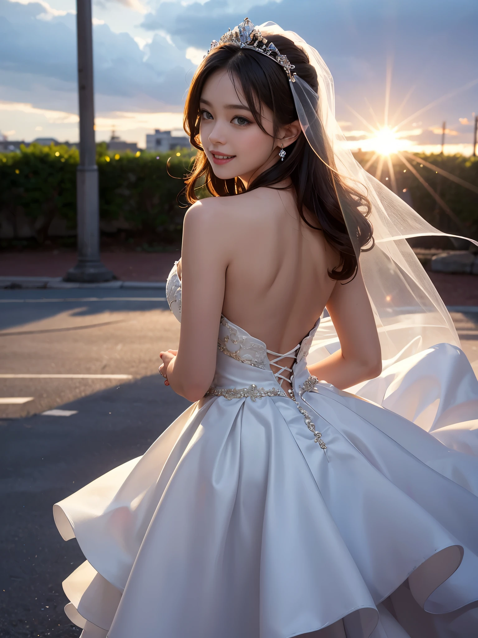 only 1 girl, huge laugh, Very pretty, beautiful, cute, sweet, sun glare, Conservative attire, wedding dress, bridal tiara, bridal veil, depth of field, blurred background, light particles, strong wind, rainbow color, head tilt, looking back, long hair,