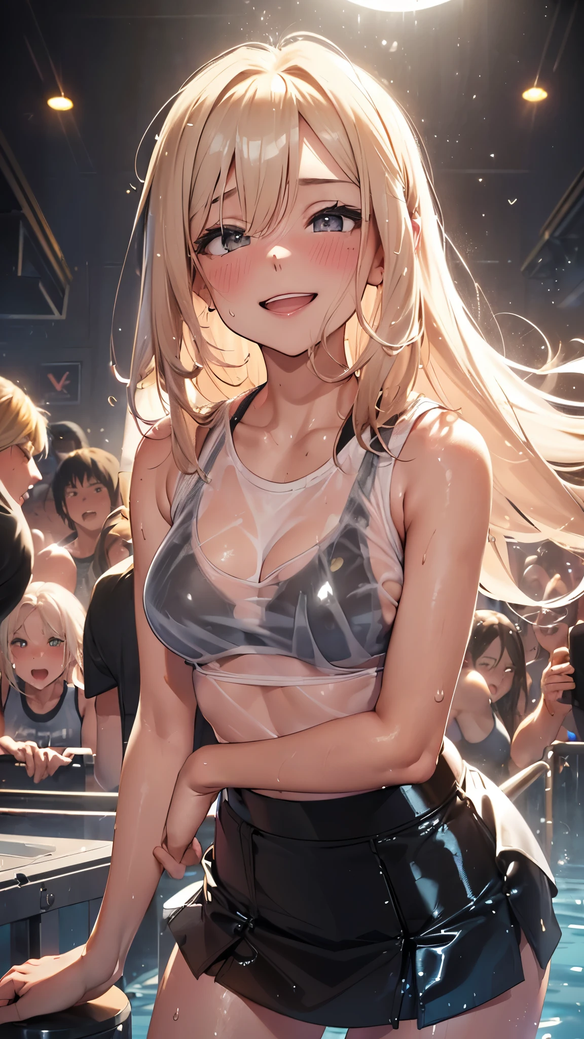 1 female,golden hair,25 years old,(((blue shiny micro tight skirt)))((white tank top))(((blush、open mouth smile)),(((straight hair))),(((portrait))),crowd,,(wet with sweat)( black bra and see-through tank top)()(((small )))