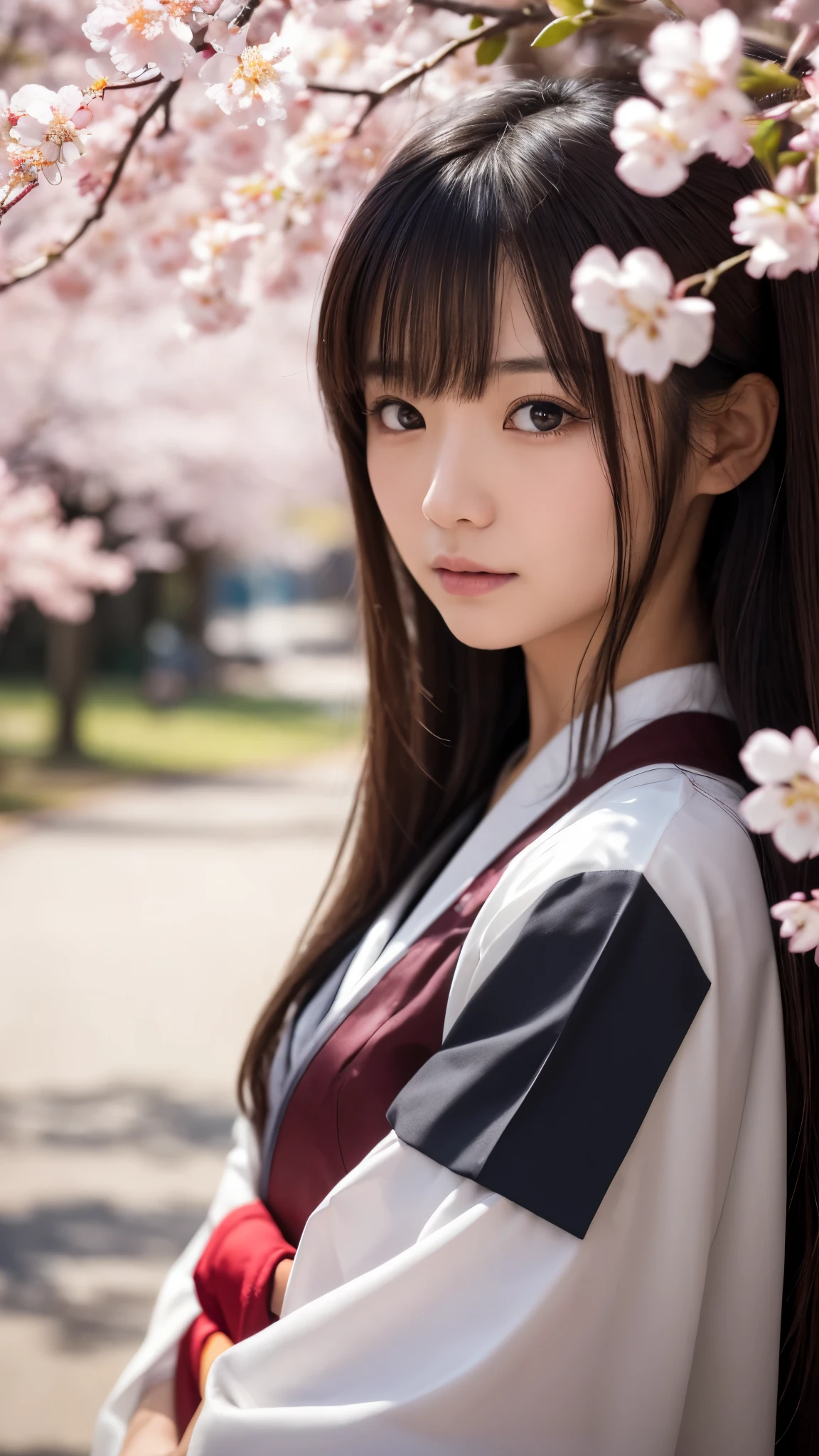1 girl, a Japanese woman wearing Shrine maiden uniform, cherry blossom, shrine maiden, miko girl, sakura maiden, intricately detailed, highly detailed, sharp focus, realistic skin texture, texture, expressive eyes, professional composition, 4k resolution, EMBASSINGLY beautiful, captured on Canon, 85mm lens, shallow depth of field, Kodak Vision colors, perfectly toned bodies, extremely detailed, photographic masterpiece, photorealistic, real, post-processing, maximum details, raw and authentic, ultra-realistic, photography session in high definition, 8k UHD, artful and tasteful.